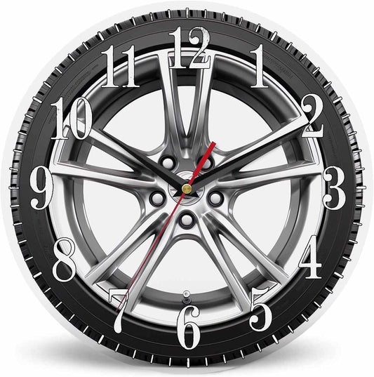 Mxocom Wheel Wall Clock Modern Car Wheel Black Tyre 10 Inch Silent Non Ticking Battery Operated Clock Vintage Round Clock for Living Room Bedroom Bathroom Office Decor