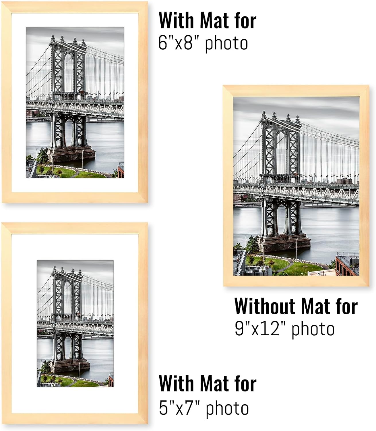 9x12 or 6x8/5x7 Solid Wood Frame with Mat/Matless for Wall Mount or Table Top (Natural)