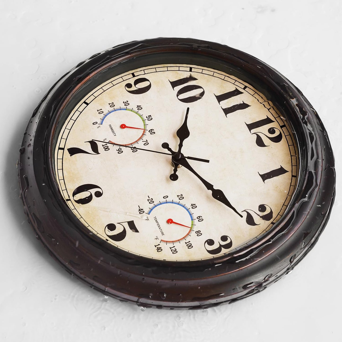 JENLYSTIME 13 Inch Dark Brown Vintage Waterproof Indoor/Outdoor Wall Clock with Thermometer & Hygrometer Large Silent Numerals & Accurate Timekeeping for Living Room, Porch&Garden&Pool