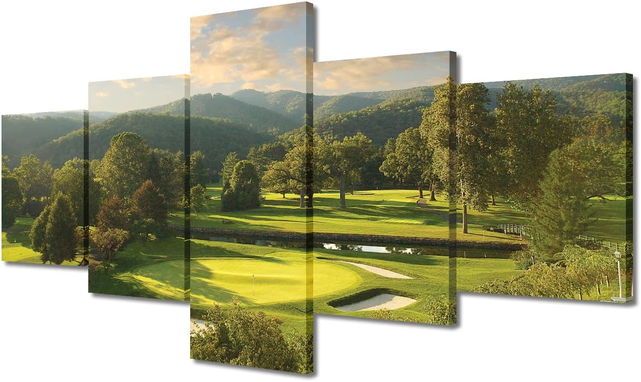 Greenbrier Old White Golf Course Wall Art West Virginia United States Golf Course Field Photos 5 Panels Canvas Prints American Home Decor for Living Room Painting Framed Ready to Hang - 50"W x 24"H