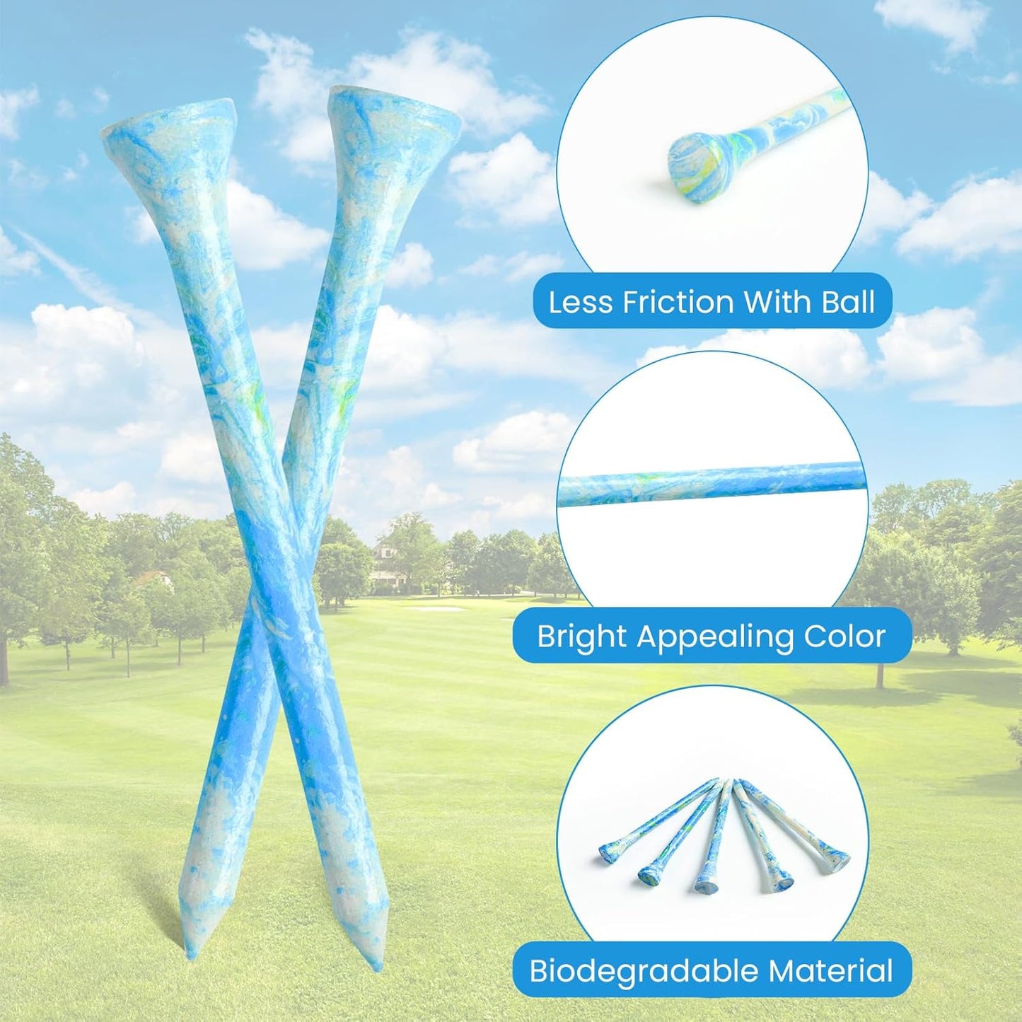 Amy Sport Golf Tees Styllish Bamboo Wooden Coloured Painted Bulk 200 Pack 1 1/2 3 1/4 2 3/4 Inch Tee, Enhanced Visibility Color Purple Pink Green Blue, Practice for Men Women