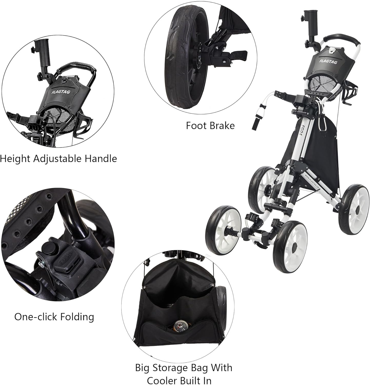 Golf Push Cart 4-Wheels,Folding Golf Cart, Golf Pull cart with Cup Holder,Umbrella Holder,Cooler Bag, Foldable with one-Click,Handle Height Adjustable,Drink Holder,Walking Push cart