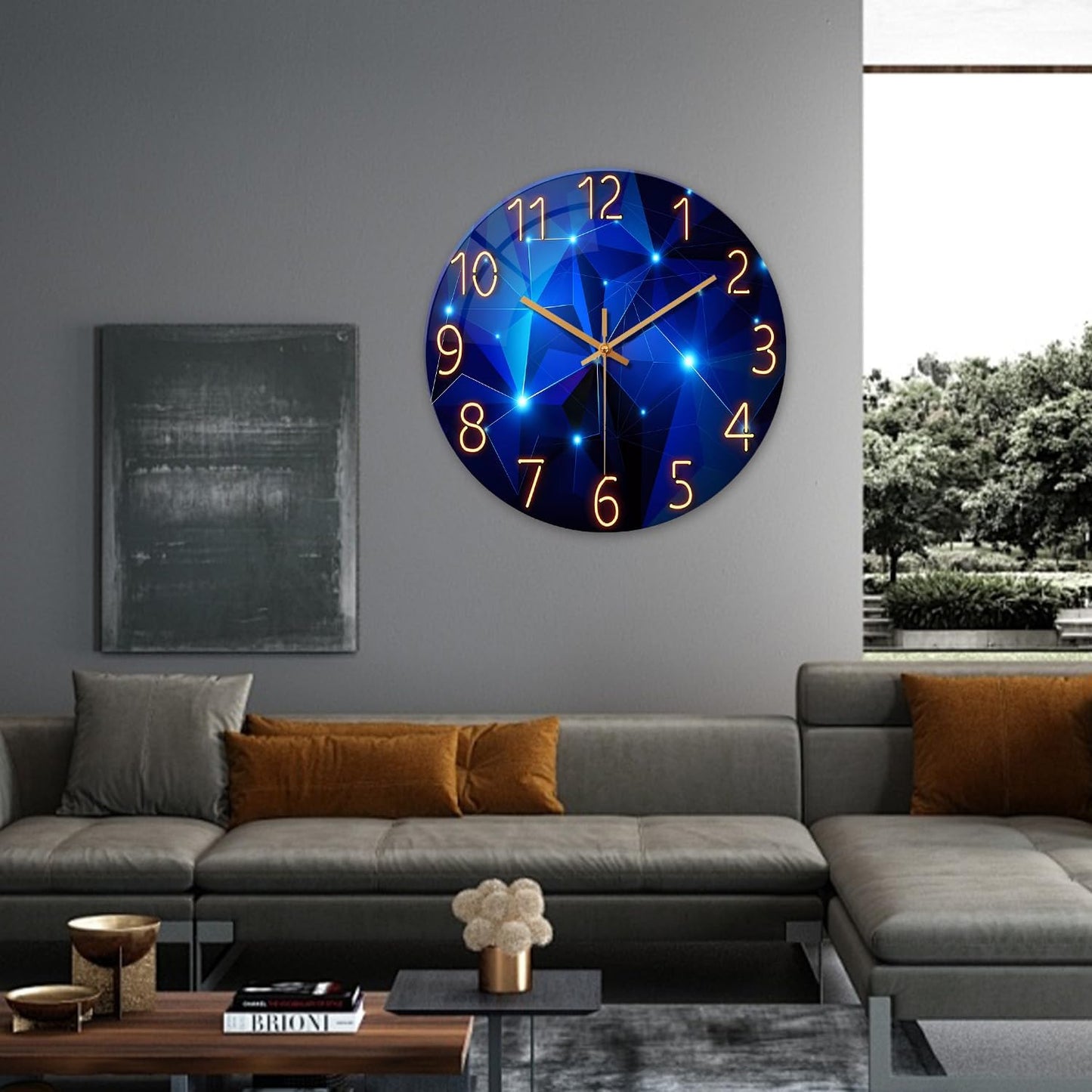 Extra Large Wall Clocks for Living Room Decor 24 Inch Glass Blue Clock Battery Operated Analog Silent Wall Clock Modern