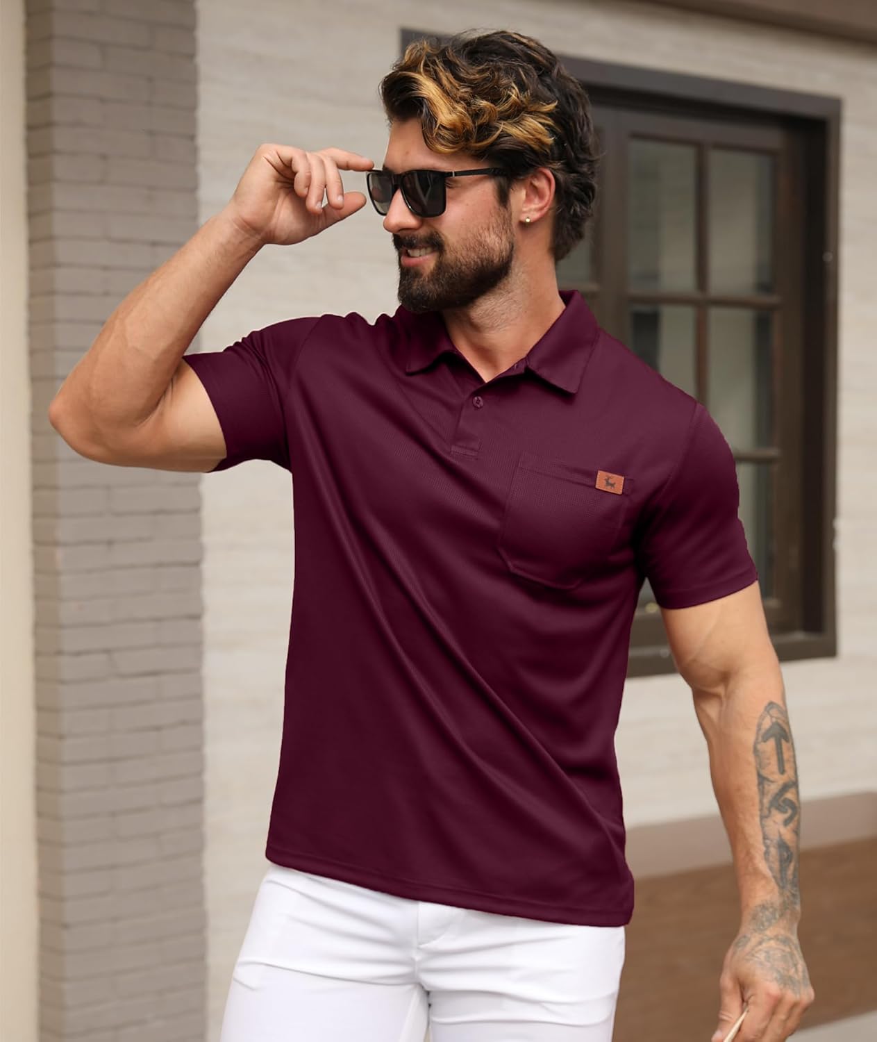 GEEK LIGHTING Mens Waffle Texture Polo Shirts Short Sleeve Casual T-Shirts Moisture Wicking Collared Golf Shirt with Pocket