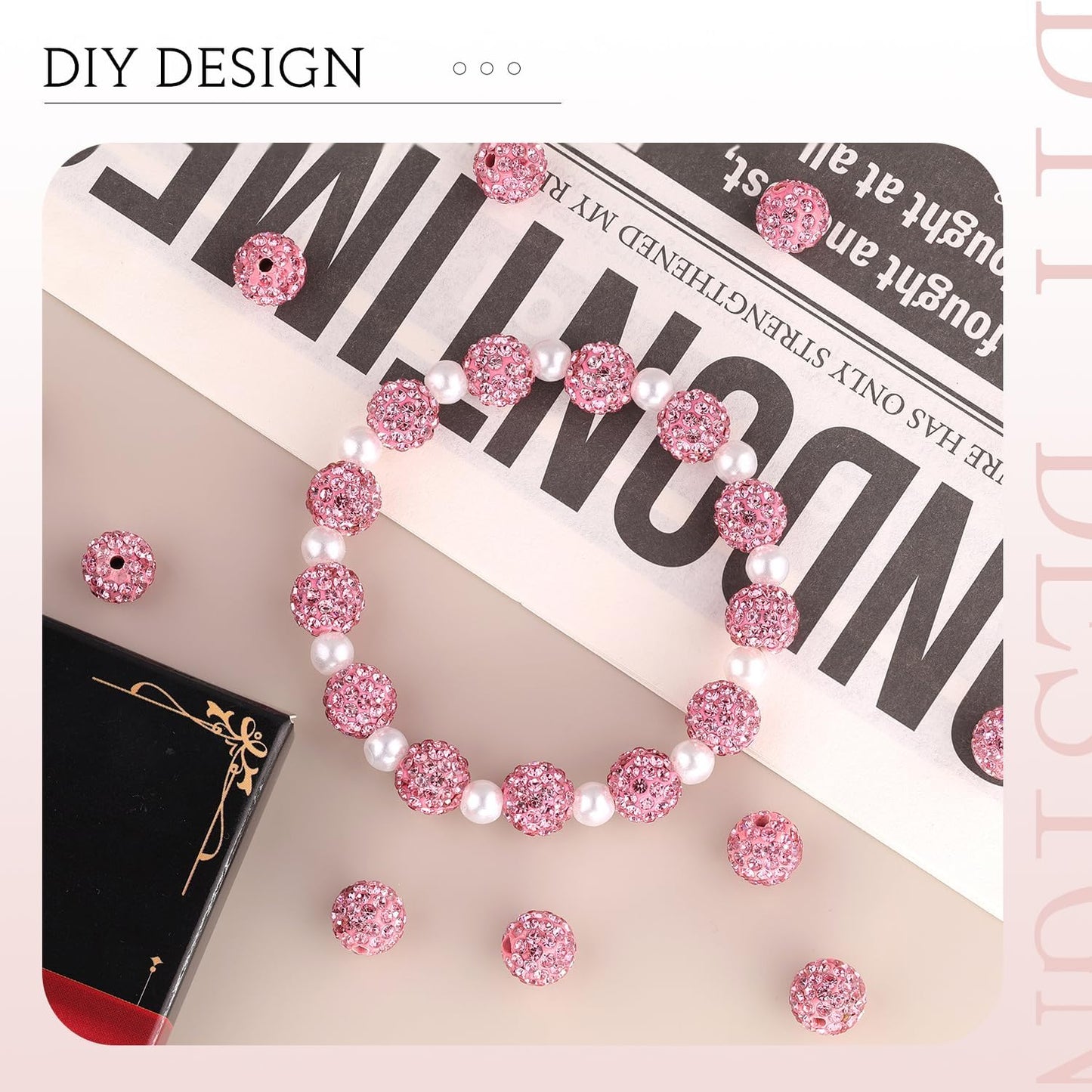 150 pcs 10mm Rhinestone Beads for Jewelry Making, Pink Shiny Round Shamballa Disco Beads Bulk, Sparkle Crystal Clay Christmas for Bracelet Baseball Necklace Earring Crafting and DIY