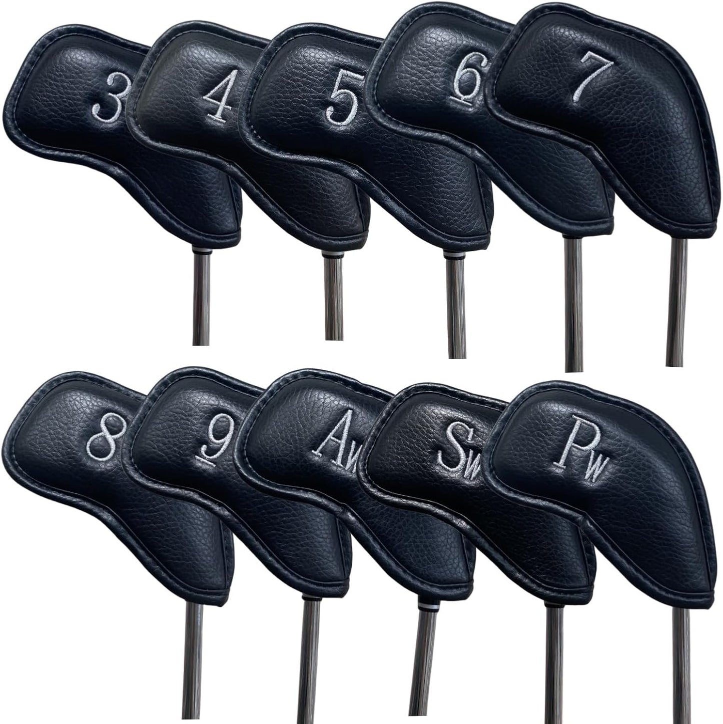 Premium PU Leather Golf Headcovers Set - 10pcs Skull Skeleton Iron Headcovers #3-9, PW, SW, AW - Black Club Protective Case