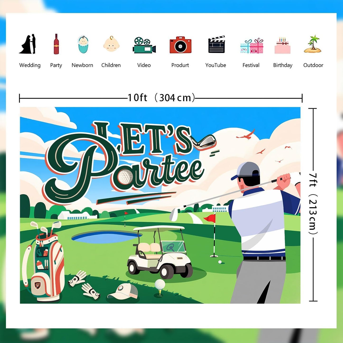 Let's Partee Golf Theme for Birthday Backdrop Green Grass Club Sports Grounds Photo Background Adult Kids Golf Birthday Party Decorations Banner Photo Booth Studio Props 10X7ft
