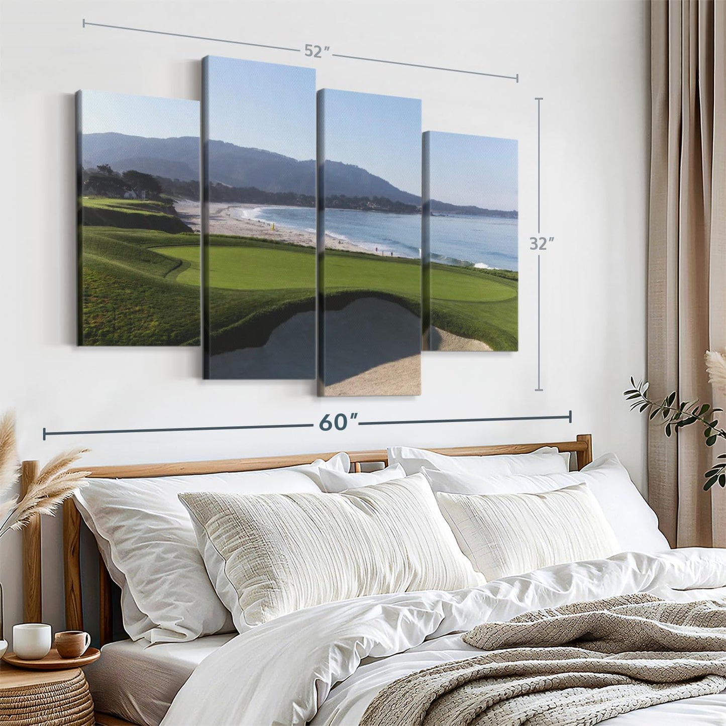 Elephant Stock Monterey CA Golf Course Wall Art - Horizontal Canvas - 4-Piece Living Room Wall Decor - Photography Sports Canvas Print - Blue and Green Decor for Wall - 52" X 32"