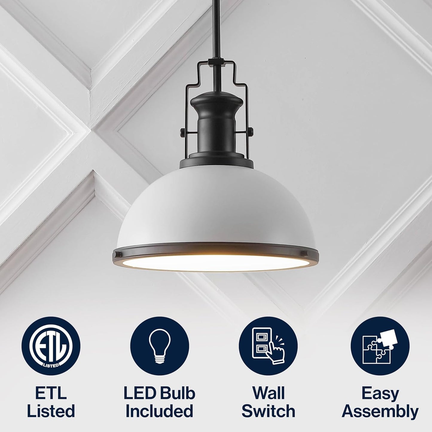 JONATHAN Y JYL9536E Homer 13" 1-Light Modern Industrial Iron LED Dome Pendant, Bohemian, Classic, Cottage, Farmhouse, Industrial, Rustic, Transitional, Dining Room, Kitchen, Foyer, White/Matte Black