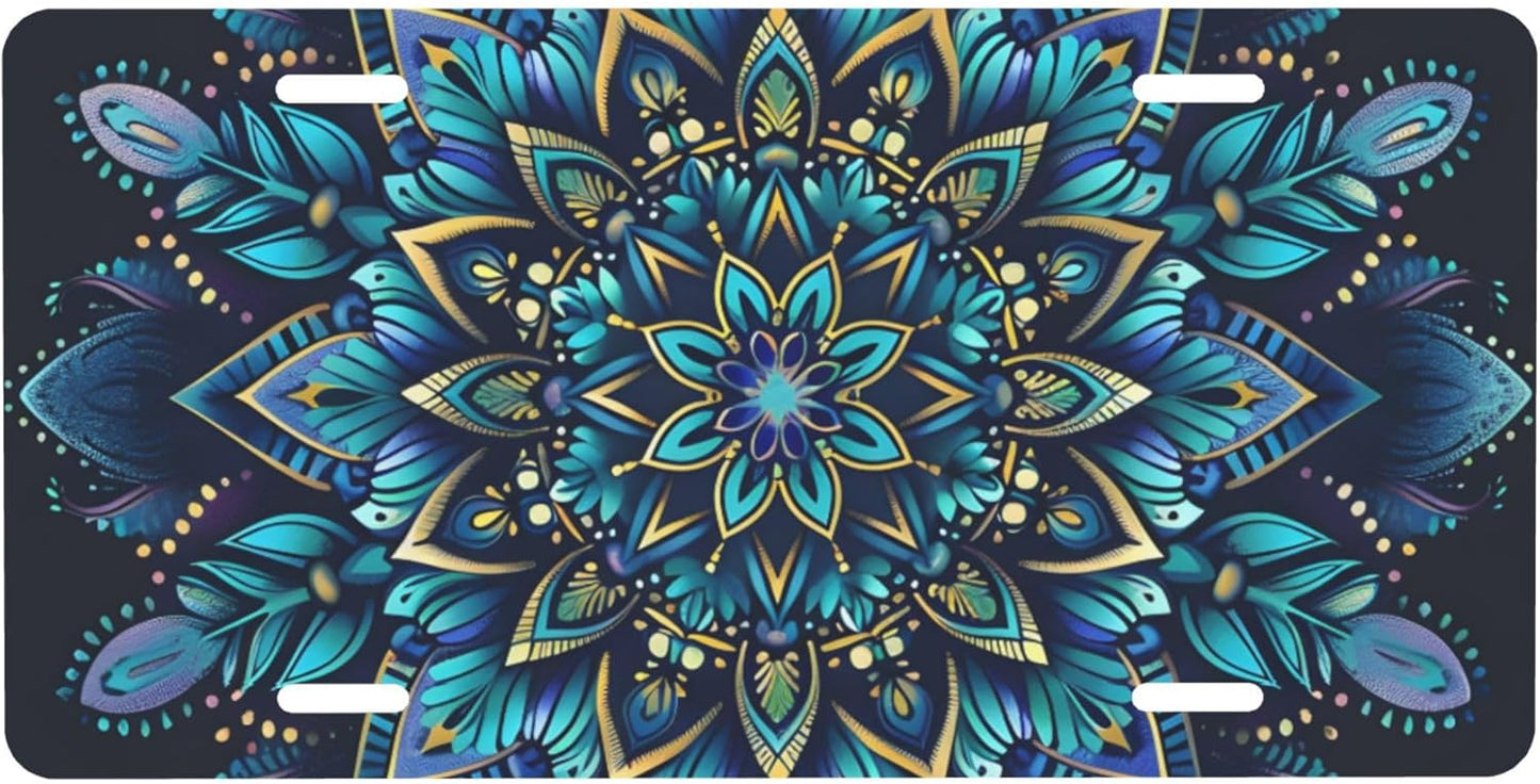 Blue Turquoise Mandala Flower Front License Plate for Car Designs Stainless License Plate Cover Holder for Men Women Metal Aluminum Decorative Accessory Vanity Tag Standard 6 X 12 Inch (4 Holes)