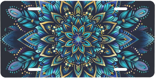 Blue Turquoise Mandala Flower Front License Plate for Car Designs Stainless License Plate Cover Holder for Men Women Metal Aluminum Decorative Accessory Vanity Tag Standard 6 X 12 Inch (4 Holes)