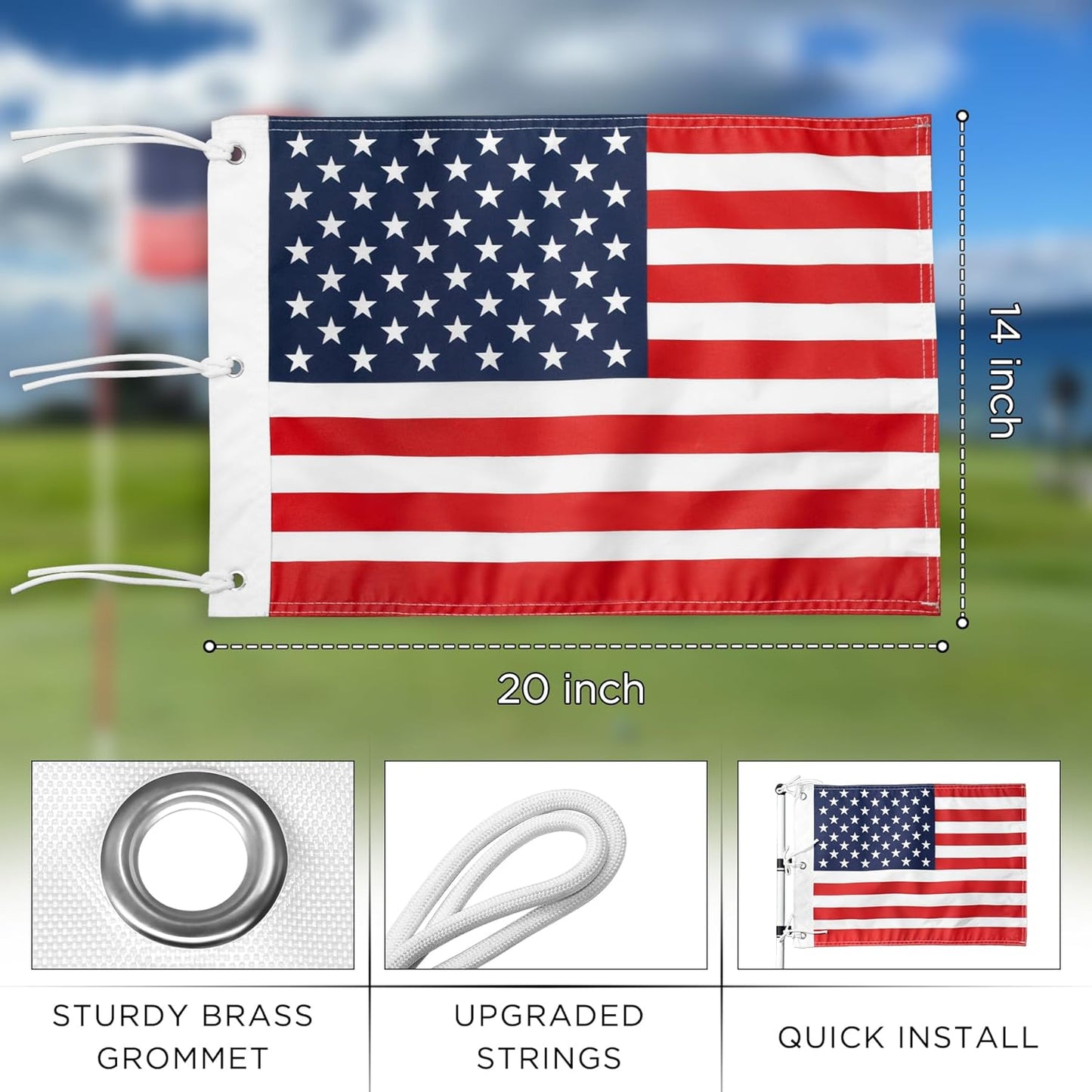 KINGTOP USA Golf Flag 20x14 Inch - Brass Grommets, Dual-layer 420D Nylon, Double Sided Printing - Standard Putting Green Flags for Backyard Practice, Golf Courses, Country Club, 1-Pack