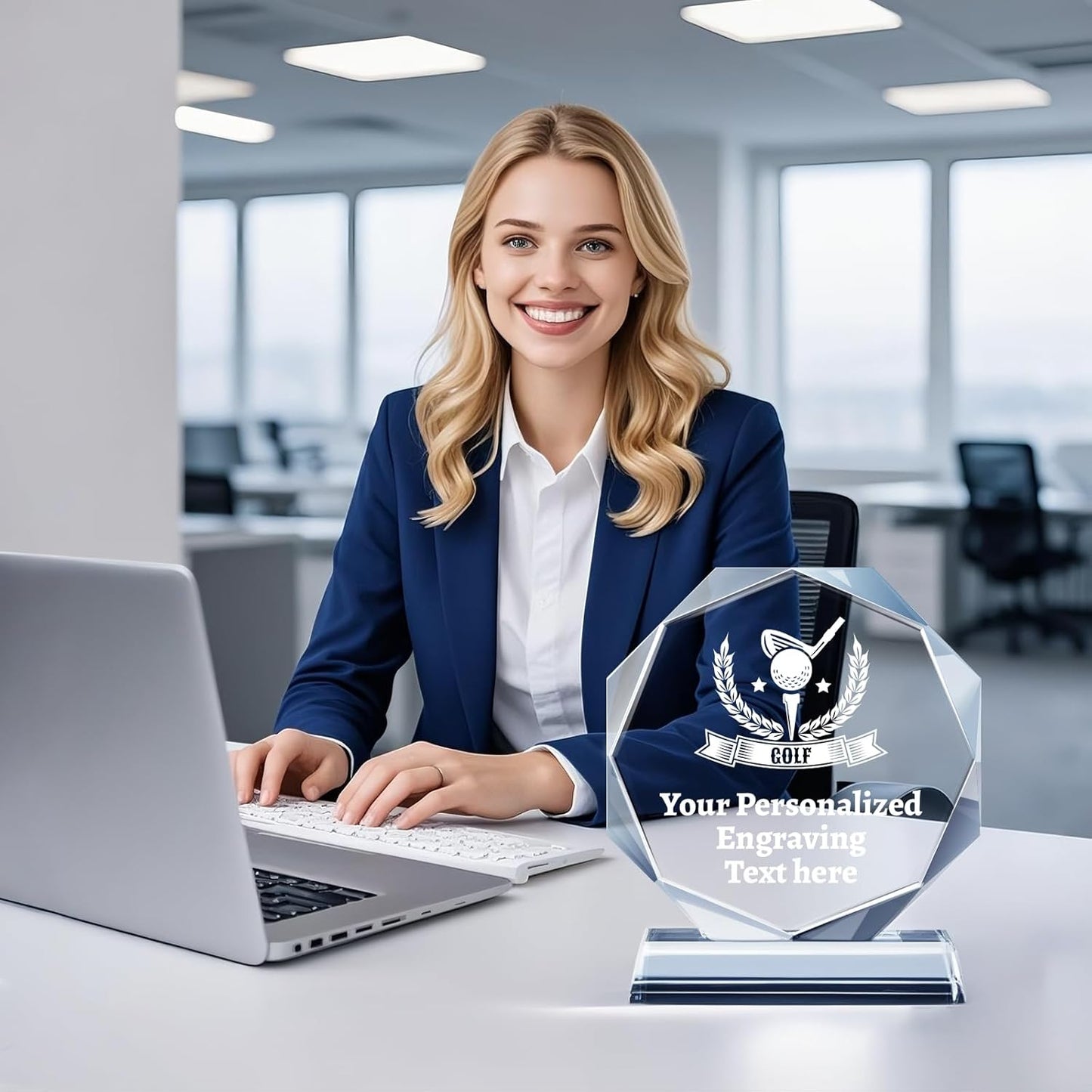 Personalized Crystal Trophy Award - Custom Plaque w/Engraved Text Logo - Employee Appreciation Gifts, Farewell Retirement Gifts - Custom Trophy and Employee Recognition Awards