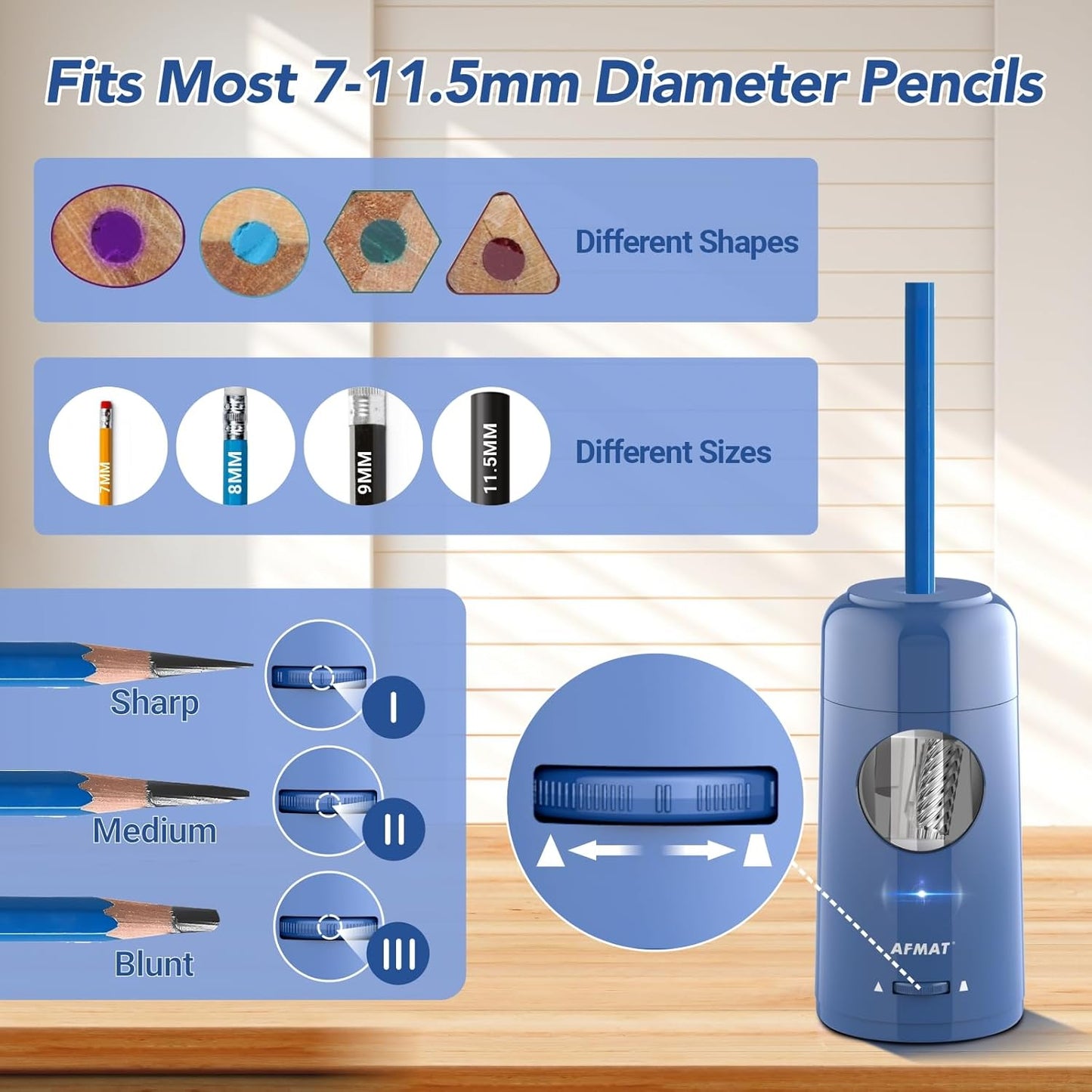 AFMAT Electric Pencil Sharpener, Rechargeable Fully Automatic Pencil Sharpener for Jumbo & Colored Pencils (7-11.5mm), Auto in/Out, Hands-Free, Portable for Home/Classroom/Office PSX6(Blue)