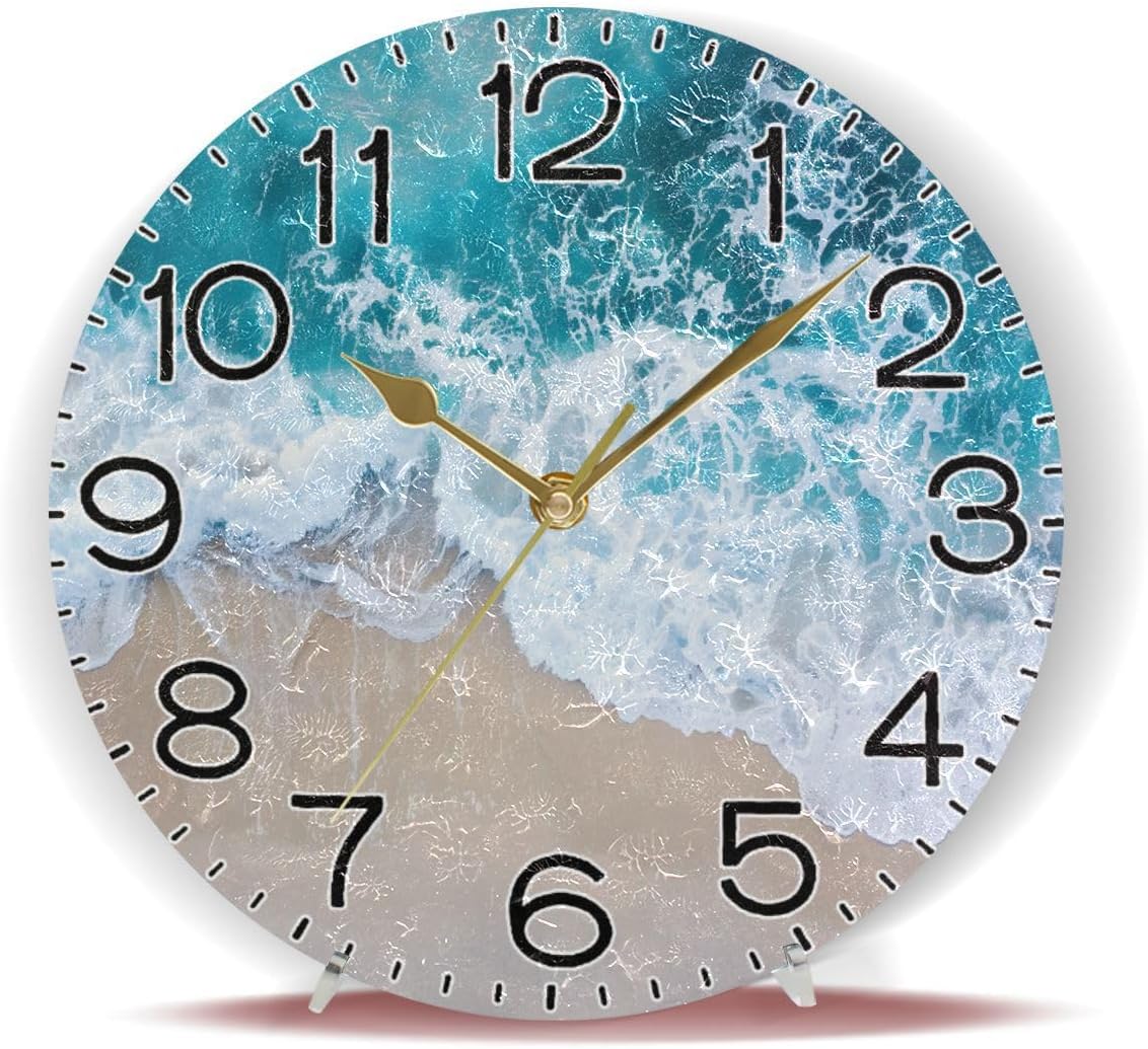 Beach Waves Wall Clock Battery Operated Non Ticking Silent Quartz Analog Rustic Farmhouse Round Clock Retro Decor for Home Kitchen Living Room Bathroom