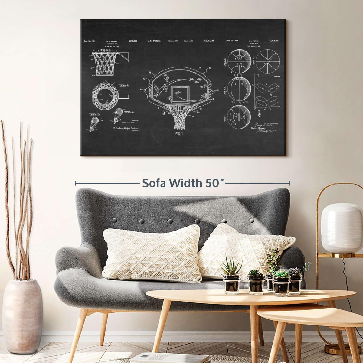 ElephantStock Basketball Patents Canvas - 1 Panel Sports Patent Wall Art Decor - Sports Decorations for Boys Room - Wall Art and Office Decor - 48" X 32"
