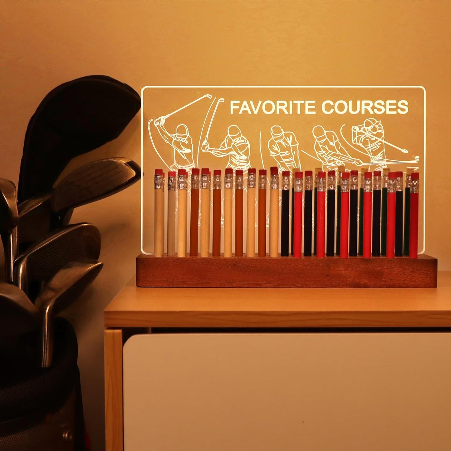 Light Up Golf Pencil Display Case, Wooden Acrylic Accessories with Warm White Lights for Pencil Display and Storage in Homes, Offices, Golf Pro Stores, Golf Museums, and Galleries