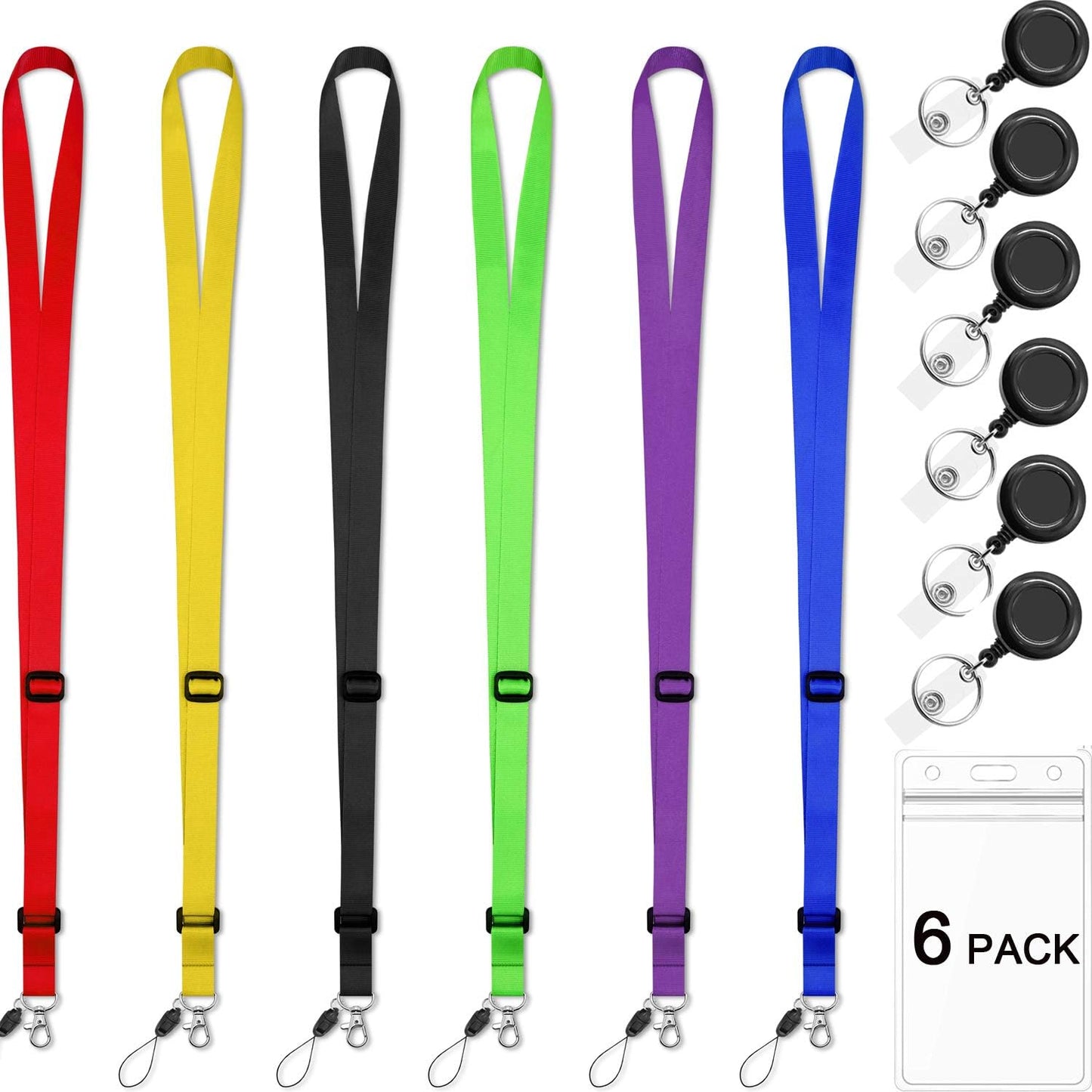 AMUU 6 Colors Lanyards Adjustable Extend Length with Vertical ID Badge Holder and Retractable Badge Reel,Red,Yellow,Black,Green,Purple,Royal Blue,6 Pack