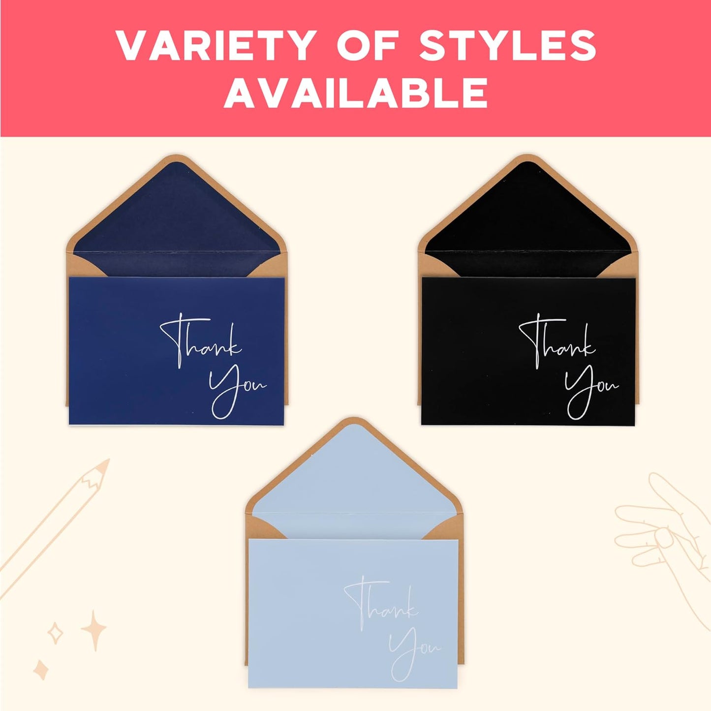 VNS Creations 20 Pack Thank You Cards With Envelopes, Stickers, 4x6 Inch Blank Thank You Notes - Bulk Box Set Large Notes for Graduation, Wedding, Small Business, Baby & Bridal Shower - Black