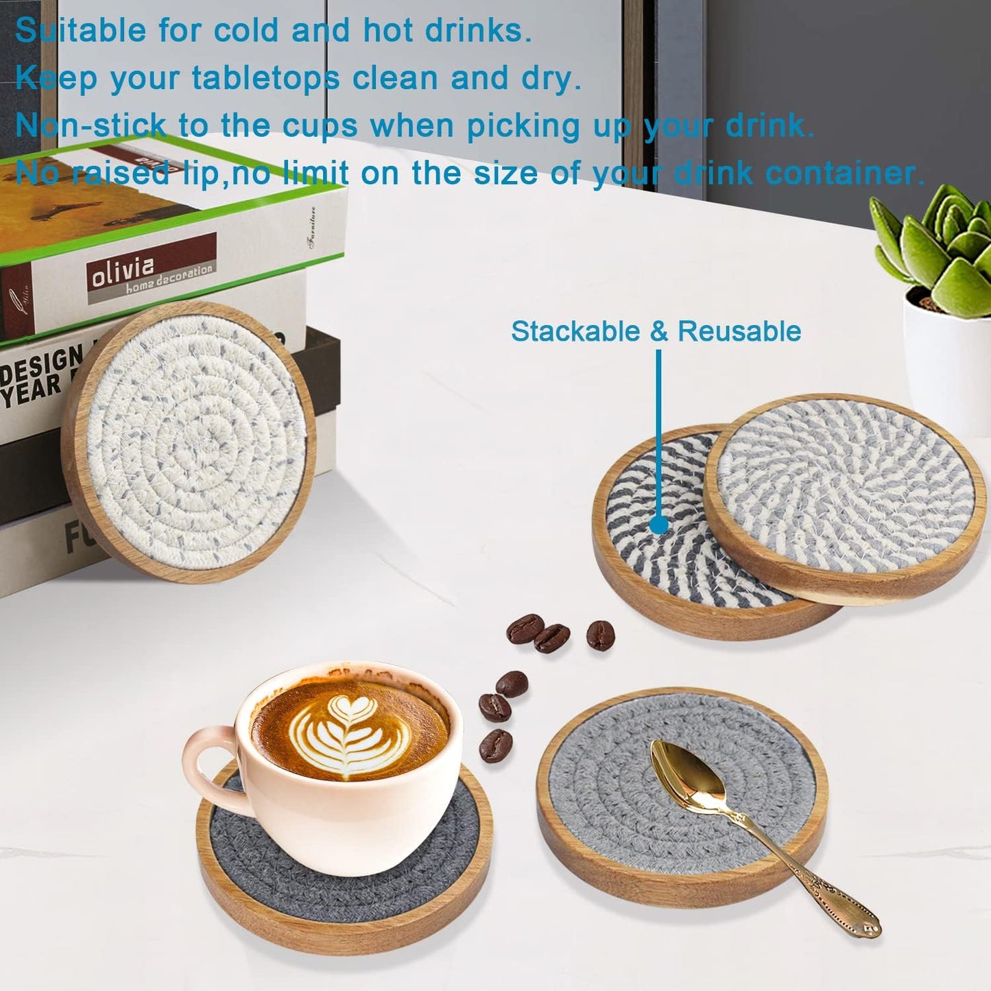 5 Pack Coasters for Drinks Absorbent, 4.3 inches Cork Coasters for Coffee Tables, Wooden Drink Coasters for Table Protection, Cute Coasters for Kitchen, Farmhouse, Bar, and Office (Gray Series)