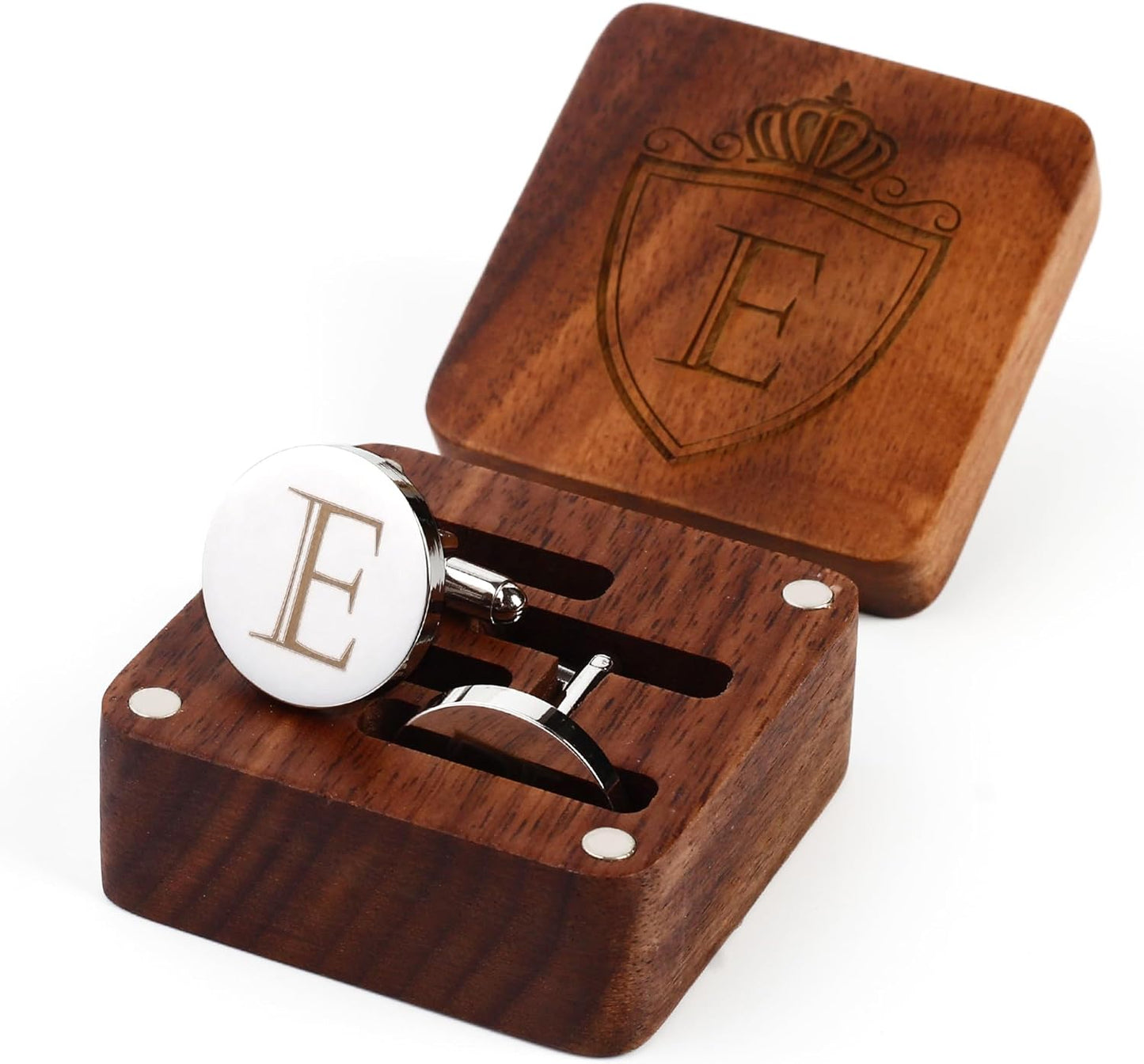 Mens Initial Silver Cufflinks A-Z Alphabet Letter Steel Cuff Links with Engraved Walnut Wood Box Groom Groomsman Wedding Set…