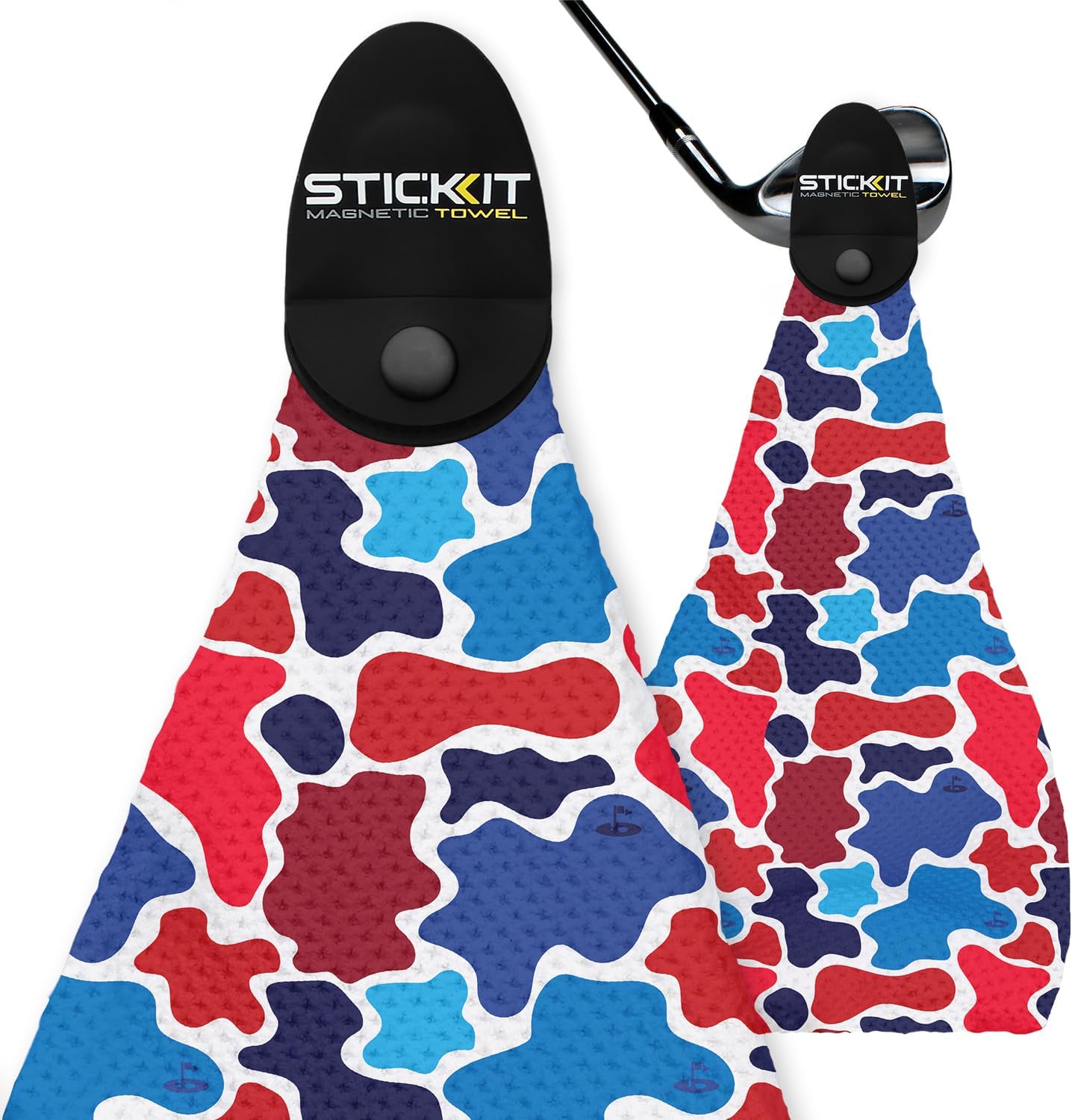 STICKIT Magnetic Golf Towel, Patriotic Camo | Top-Tier Microfiber Golf Towel with Deep Waffle Pockets | Industrial Strength Magnet for Strong Hold to Golf Carts or Clubs | Red, White and Blue Camo