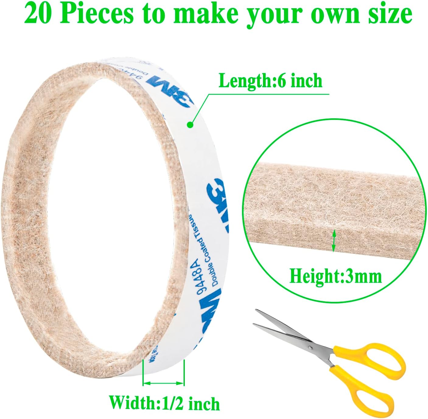 Furniture Felt Pads Strips 20pcs Pack 1/2 x 6 Inches Self Adhesive Beige Furniture Pads Anti Scratch Felt Pads Heavy Duty 3mm Floor Protector for Chair Feet for Hardwood Floor