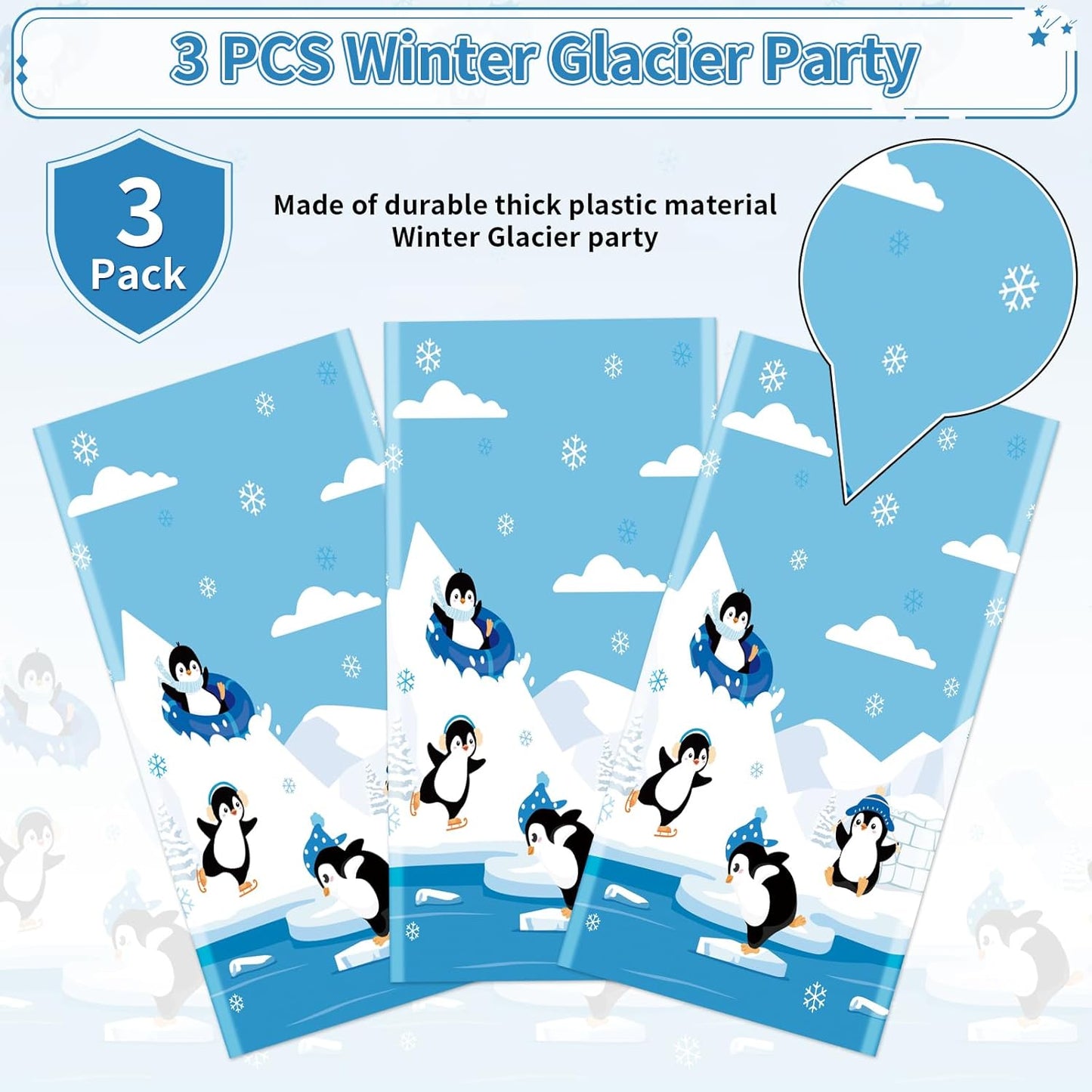 3 Pcs Penguin Birthday Tablecloth Winter Penguin Themed Table Cover Plastic Rectangle Cute Cartoon Animal Table Cloth for Kids Birthday Baby Shower Dinner Party Decorations Supplies 54" x 108"