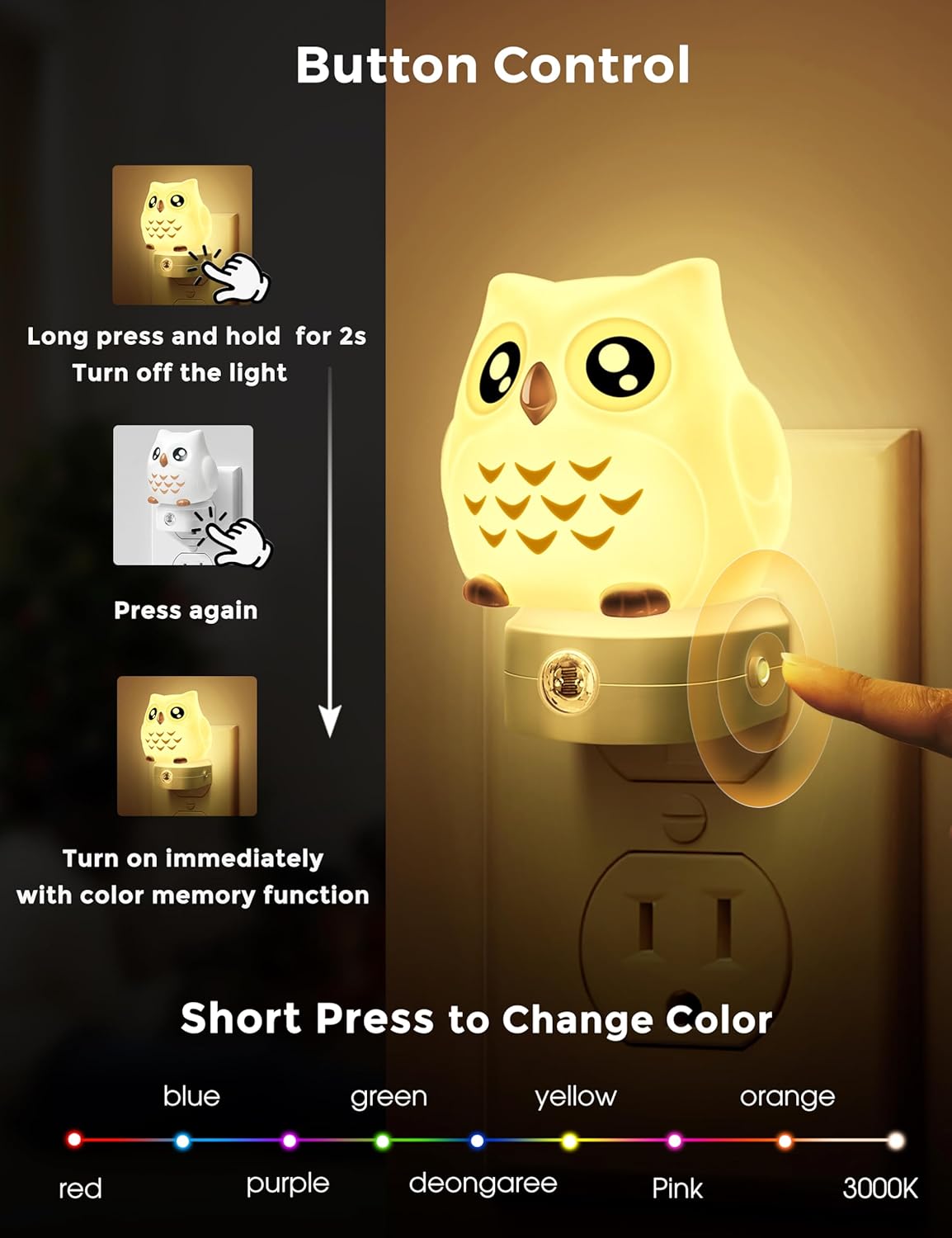 L LOHAS LED Owl Night Light for Kids, 3D Owl Night Light Plug in Wall, Dusk to Dawn Sensor, 8-Color Changing+Soft White 3000K, 3 Lighting Modes, Nursery Night Lights, Children, Room Decor