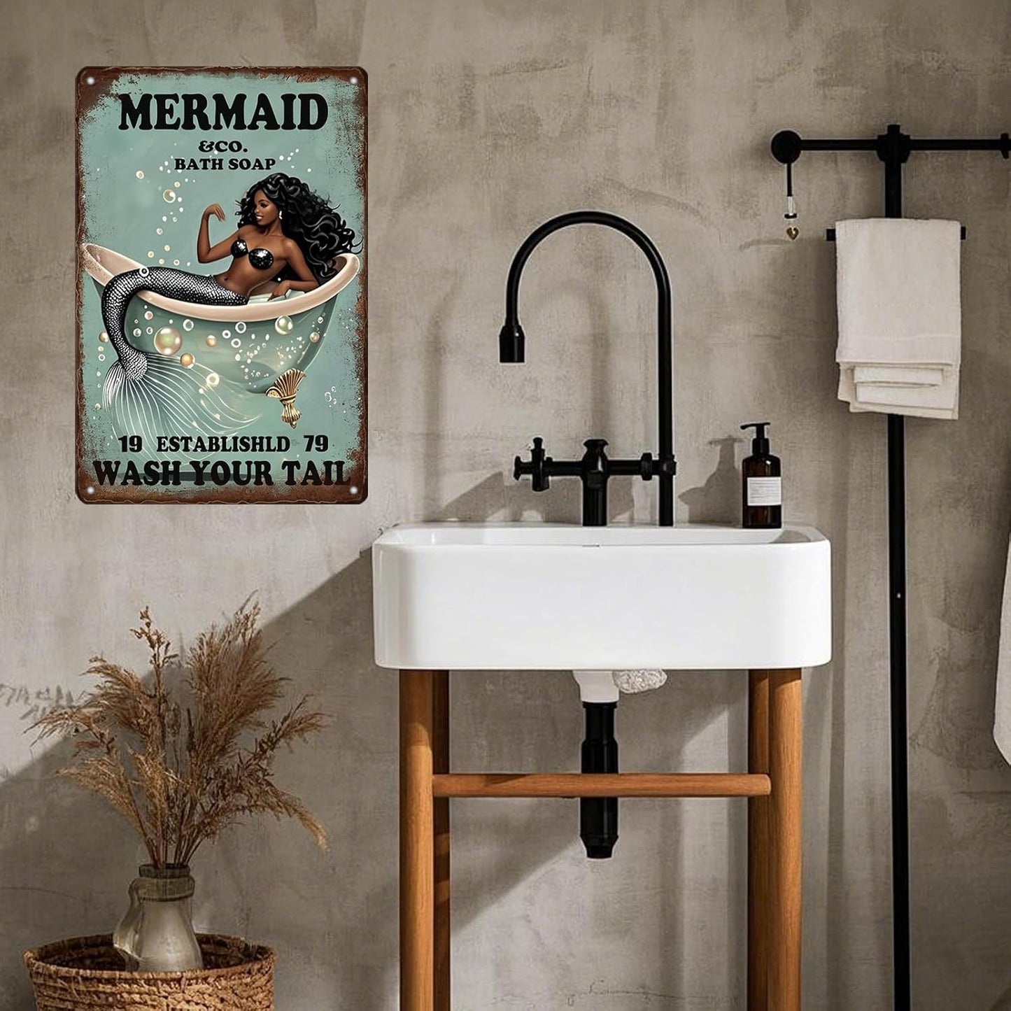Funny Mermaid Company Bath Soap Metal Signs Wash Your Tail Sign Vintage Tin Sign Wall Decor Retro Tin Signs for Room Living Room Bathroom Toilet Hotel 12x8 Inch
