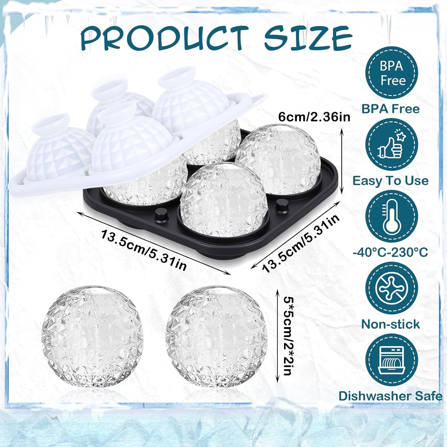 Hoolerry 2 Pcs Silicone Ice Cube Tray Large Square Sphere Golf Ice Tray 4 Hole Fun Shapes Big Ices Cube Mold with Funnel for Whiskey Cocktails Bourbon Chilling White Elephant Gifting(Round)