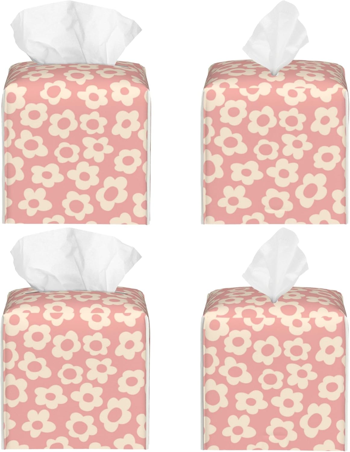 Vintage Groovy Flowers Tissue Box Cover Square,Pink Boho Floral Tissue Box Holder Waterproof Leather Facial Paper Organizer Dispenser for Bathroom Home Car Nightstand Vanity Desk