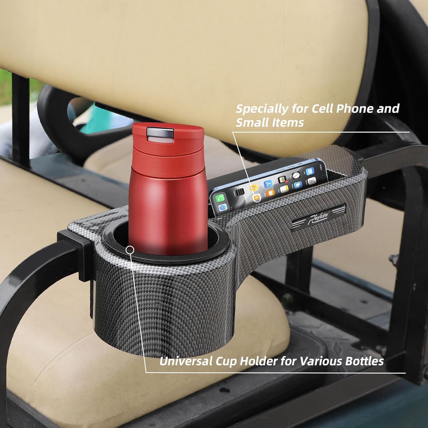 Roykaw Golf Cart Armrest with Cup Holder/Rear Seat Arm Rests Fit for EZGO/Club Car/Yamaha & Most Golf Cart, Upgrade 3rd Gen - with Phone Holder, No Drilling Required, Fit 1.0"/1-1/4" Square Tube Frame