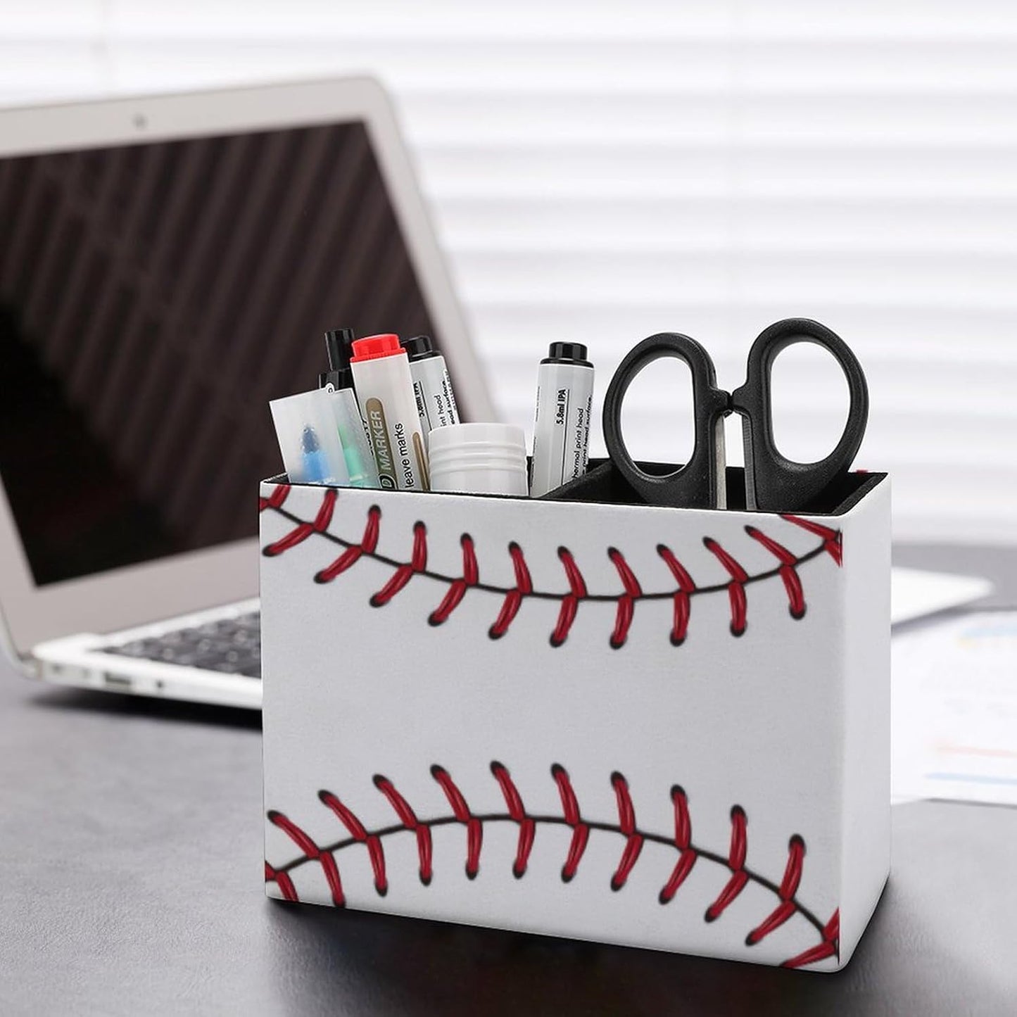 Pen Holder, Pencil Holder for Desk Organizer, Ball Baseball Stitches Sport PU Leather Pencil Cups Desktop Stationery Storage Makeup Brush Holder Pen Organizer for Office Home