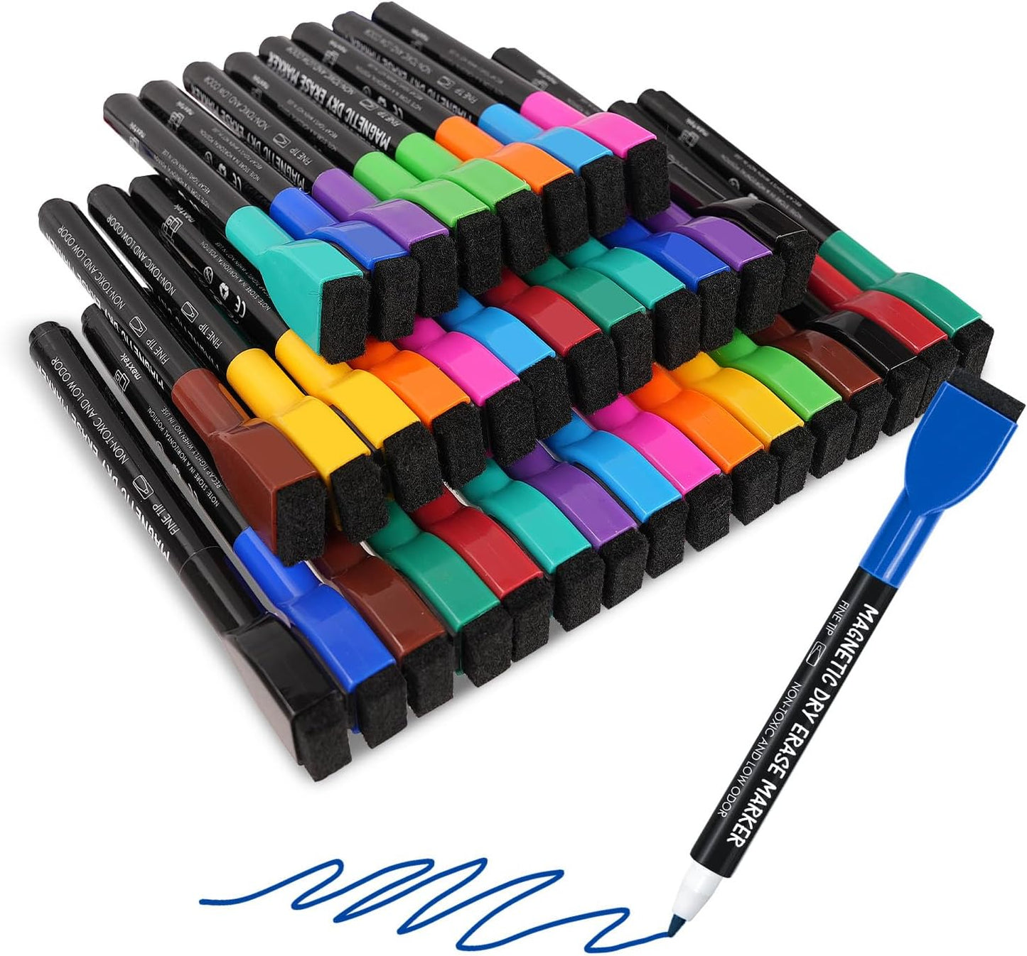 maxtek 36 Count Magnetic Dry Erase Markers, Fine Tip, 12 Colors, Low Odor Whiteboard Markers with Built-in Eraser