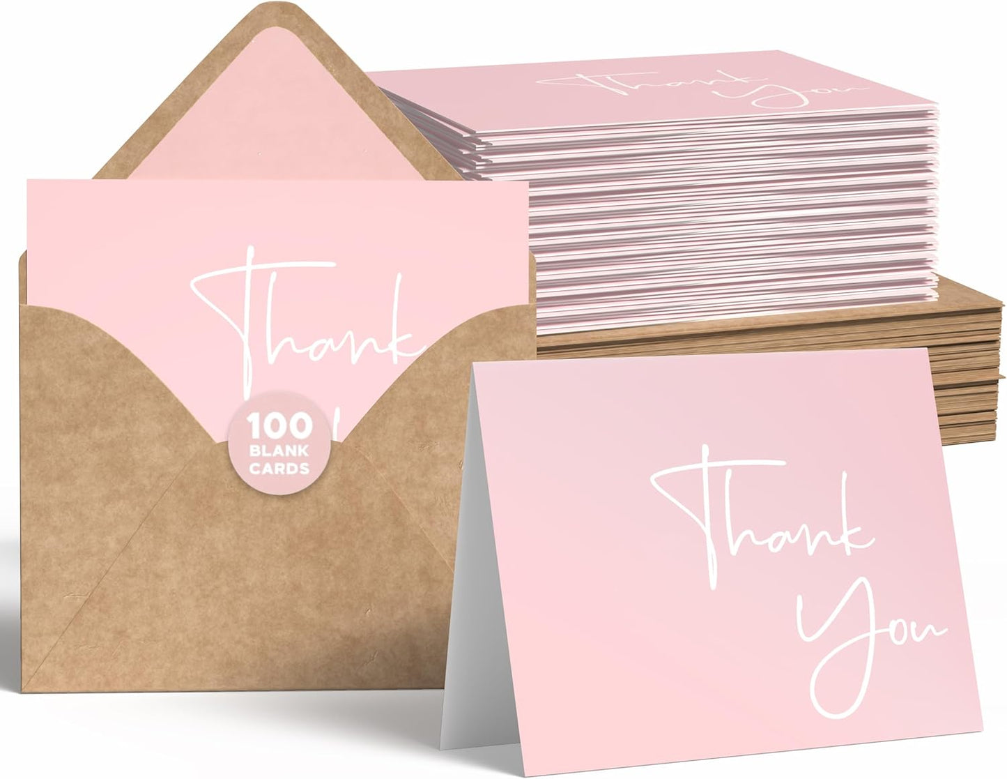 VNS Creations Thank You Cards With Envelopes Bulk Set & Stickers - 100 Pack 4x6 Blank Thank You Notes Bulk Box Set - Large Note Card Small Business, Wedding, Baby Shower & Bridal Shower - Pink