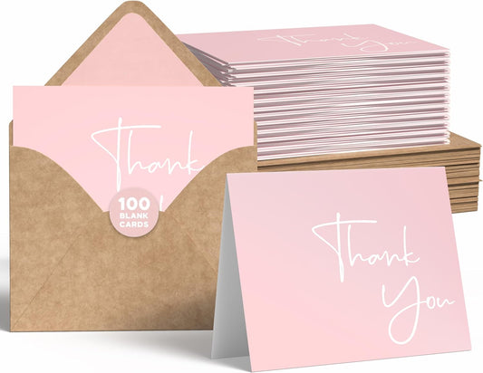 VNS Creations Thank You Cards With Envelopes Bulk Set & Stickers - 100 Pack 4x6 Blank Thank You Notes Bulk Box Set - Large Note Card Small Business, Wedding, Baby Shower & Bridal Shower - Pink