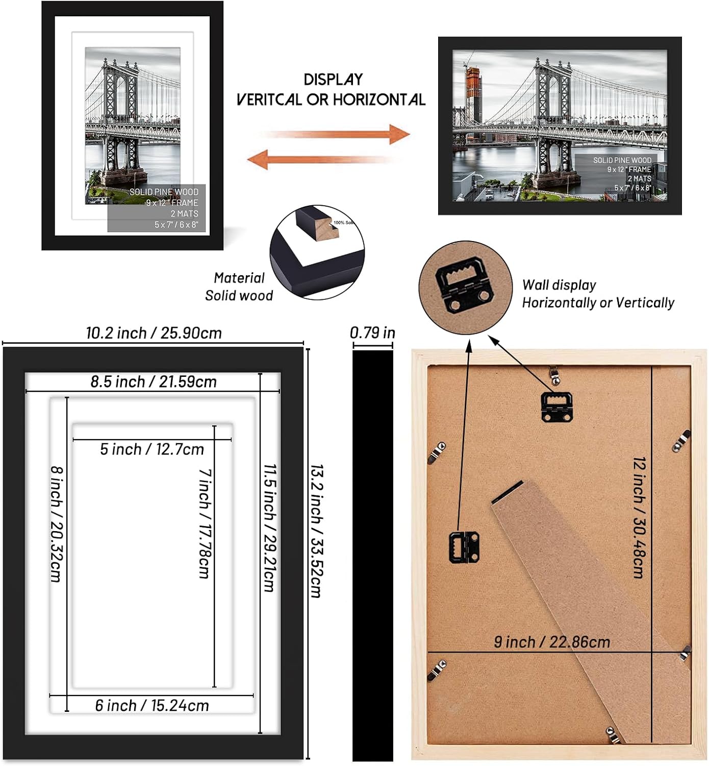 9x12 Picture Frames Solid Wood Display Pictures 6x8 or 5x7 with Mat or 9x12 Frame without Mat Poster Photo Frame Art with 2 Mats for Wall Mounting or Table Top(Black)