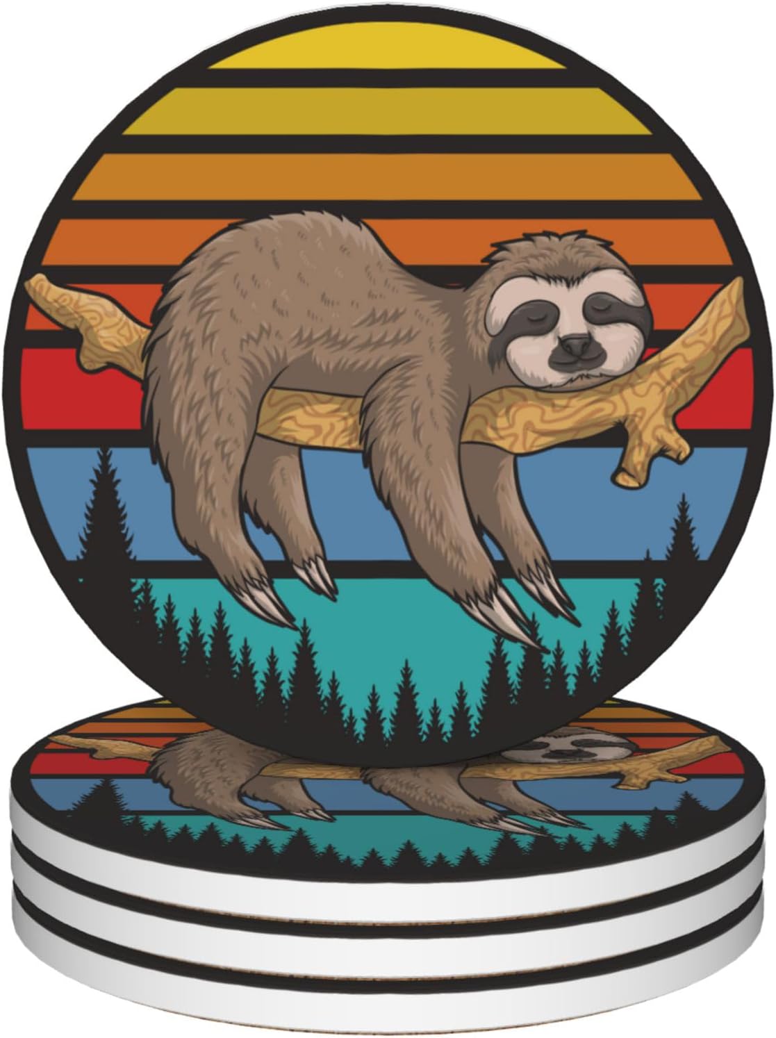 Drinks Coasters Set of 4, Sleeping Sloth Round 4" Cup Coasters, Absorbent Ceramic Stone Coasters with Cork Base, Cute Coasters for Table Home Décor, Ideal Gifts for Women Men