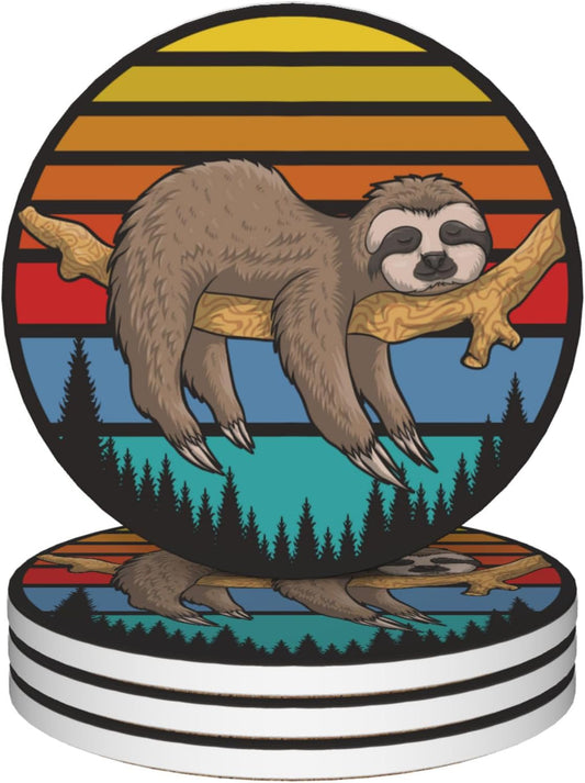 Drinks Coasters Set of 4, Sleeping Sloth Round 4" Cup Coasters, Absorbent Ceramic Stone Coasters with Cork Base, Cute Coasters for Table Home Décor, Ideal Gifts for Women Men