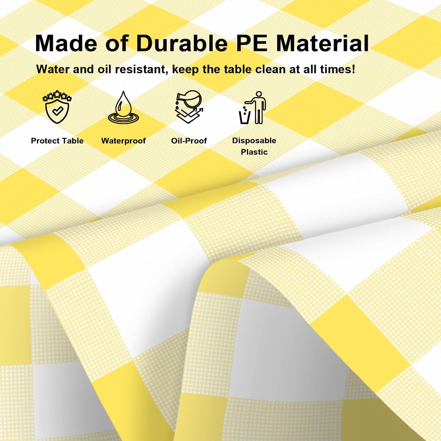 6 Pack Yellow and White Checkered Tablecloth, Round Yellow Gingham Plastic Table Cloths for Parties Disposable, 84x84 in Waterproof Camping Tablecloth for Birthday Party Baby Shower Picnic School