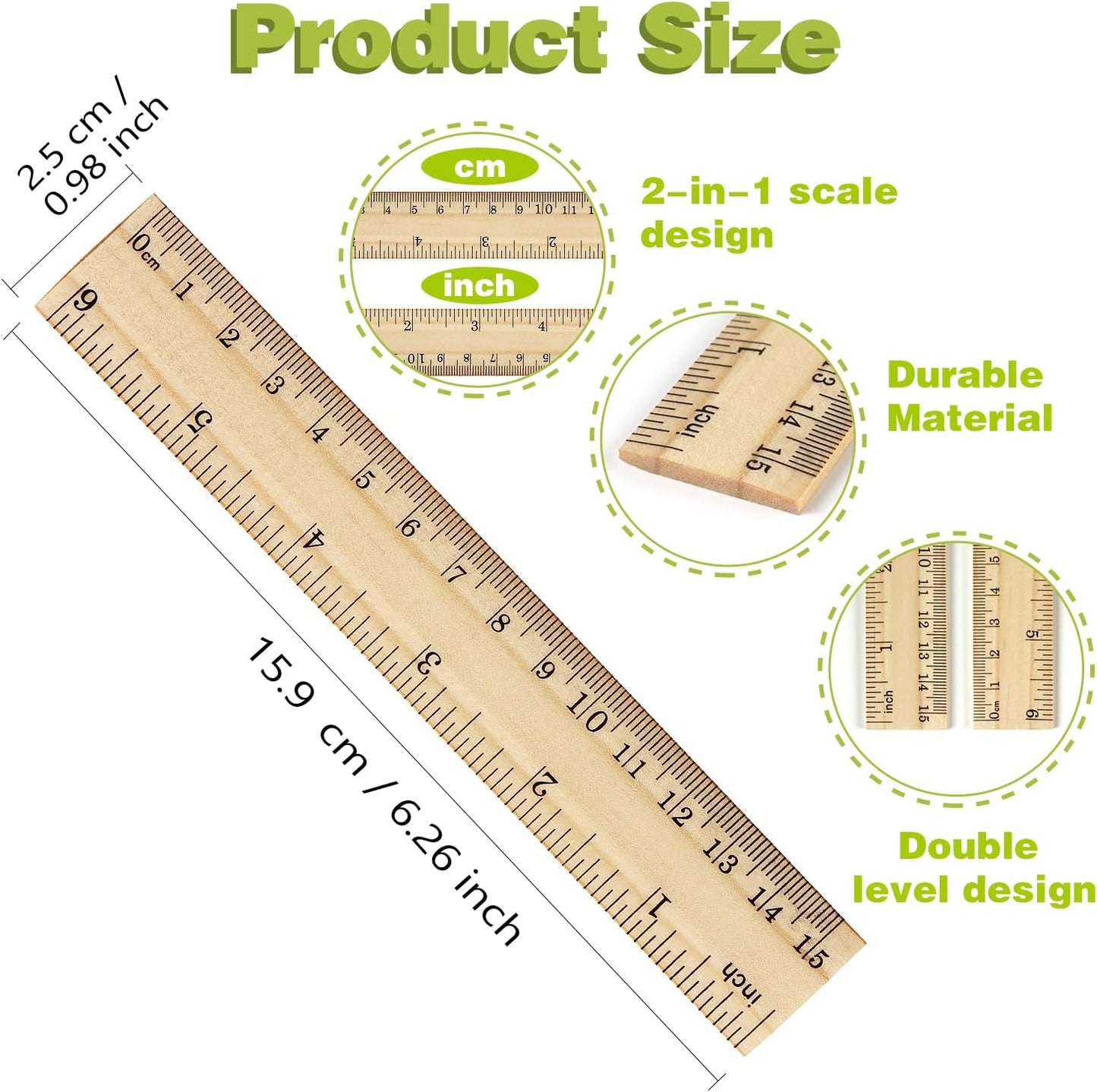 ZZTX 3 Pack Wooden Ruler 6 Inch Rulers Bulk Wood Measuring Ruler for Students Office School Supplies 2 Scale (15 cm)