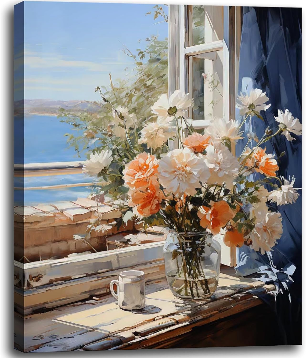dgbtcart Beach Flowers Bathroom Wall Art Ocean Theme Wall Decor Windowsill Flower Picture Canvas Print Floral Painting Coastal Seascape Artwork for Bedroom Office Decoration 16"x24"inch
