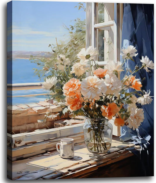dgbtcart Beach Flowers Bathroom Wall Art Ocean Theme Wall Decor Windowsill Flower Picture Canvas Print Floral Painting Coastal Seascape Artwork for Bedroom Office Decoration 16"x24"inch