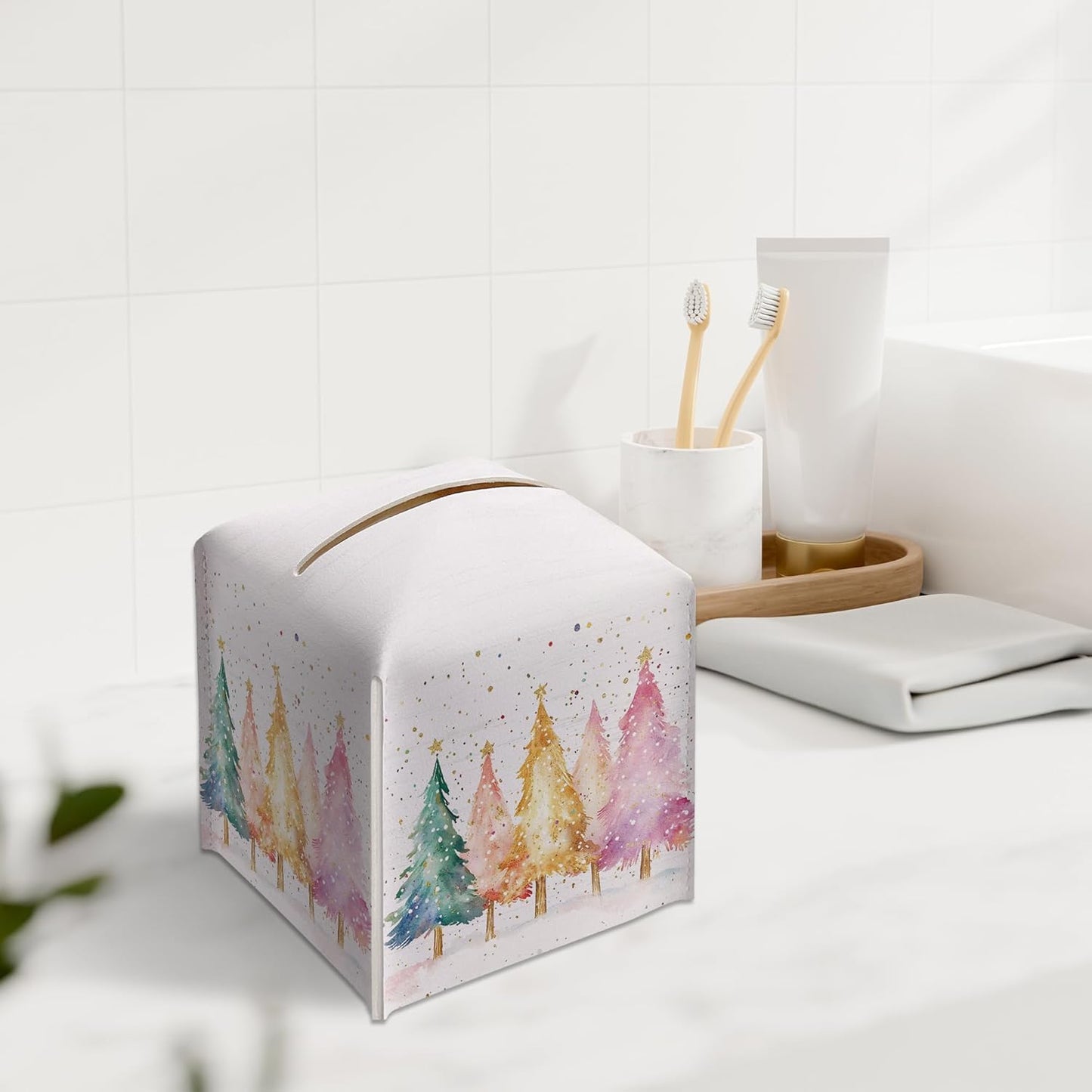 Christmas Tissue Box Holder, Colorful Christmas Tree Leather Tissue Box Cover Square, Paper Facial Decorative Tissues Cover for Night Stands Bathroom Kitchen Office Car Home Decor-B18