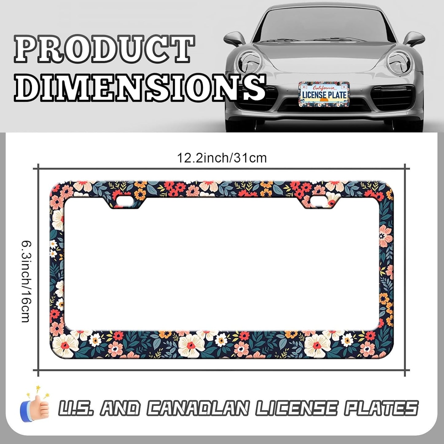 Folk Floral Flower License Plate Frames - 2 Pack Colorful Flowers License Plate Holder Covers for Women, Aluminum Metal Rust-Proof Waterproof Car Tag Frame with Screws Fasteners Caps