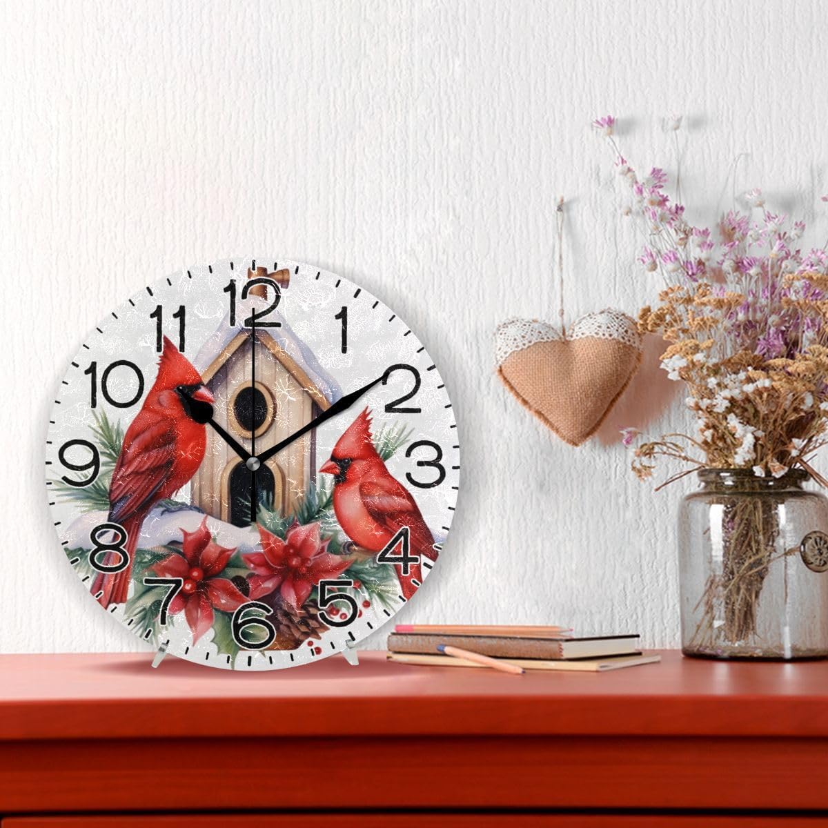 ALAZA Birds Christmas Poinsettia Flowers Birdhouse Wall Clock Battery Operated Non Ticking Silent Quartz Analog Rustic Farmhouse Round Clock Retro Decor for Home Kitchen Living Room Bathroom