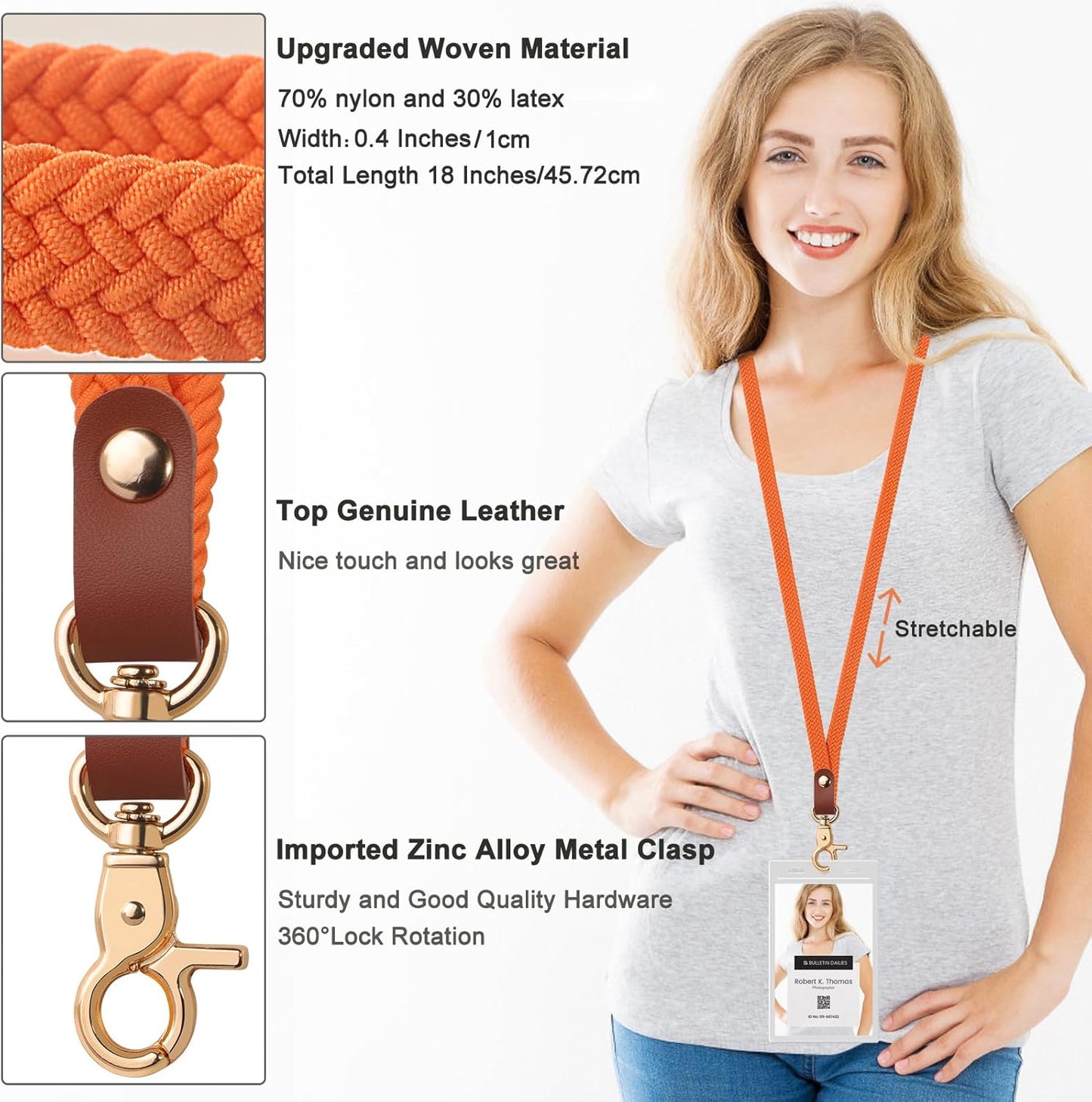 Fishent Stretchy Thin Lanyards for Keys ID Badges, Cute Long Teacher Neck Key Lanyard Keychains for Women Men Wallet Phone(Orange)