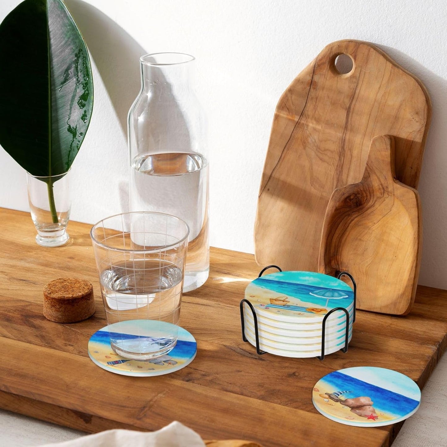 Summer Coastal Beach Theme Absorbent Drink Coasters with Holder, Set of 6 Ceramic Ocean Coasters with Cork Base for Table Decor