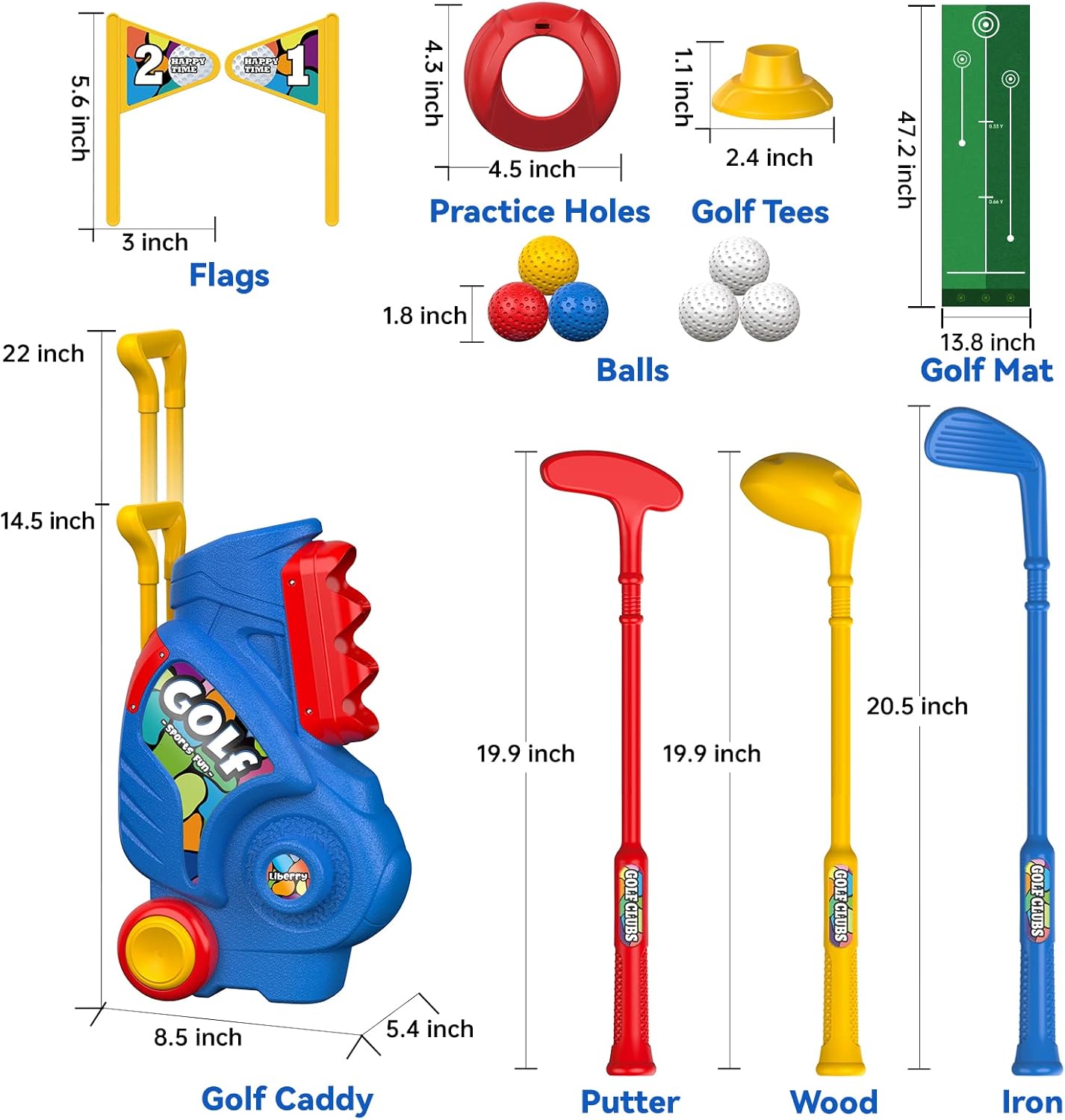 Liberry Toddler Golf Set with Putting Mat for 2 3 4 5 Years Old Boys Girls, Upgraded Kids Golf Cart with Unique Shoulder Strap Design, Indoor and Outdoor Golf Toys Christmas Gift